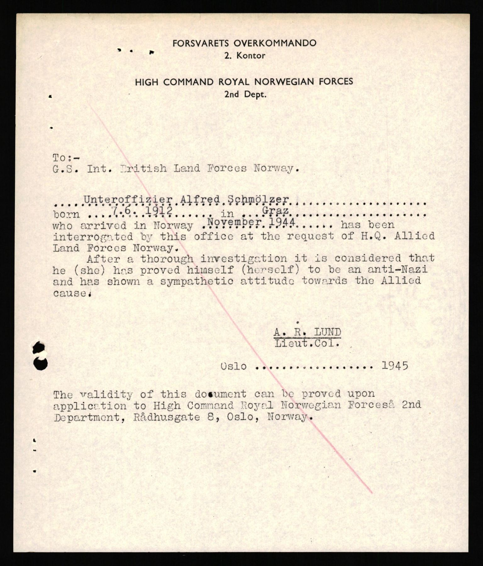 Forsvaret, Forsvarets overkommando II, AV/RA-RAFA-3915/D/Db/L0040: CI Questionaires. Tyske okkupasjonsstyrker i Norge. Østerrikere., 1945-1946, p. 190