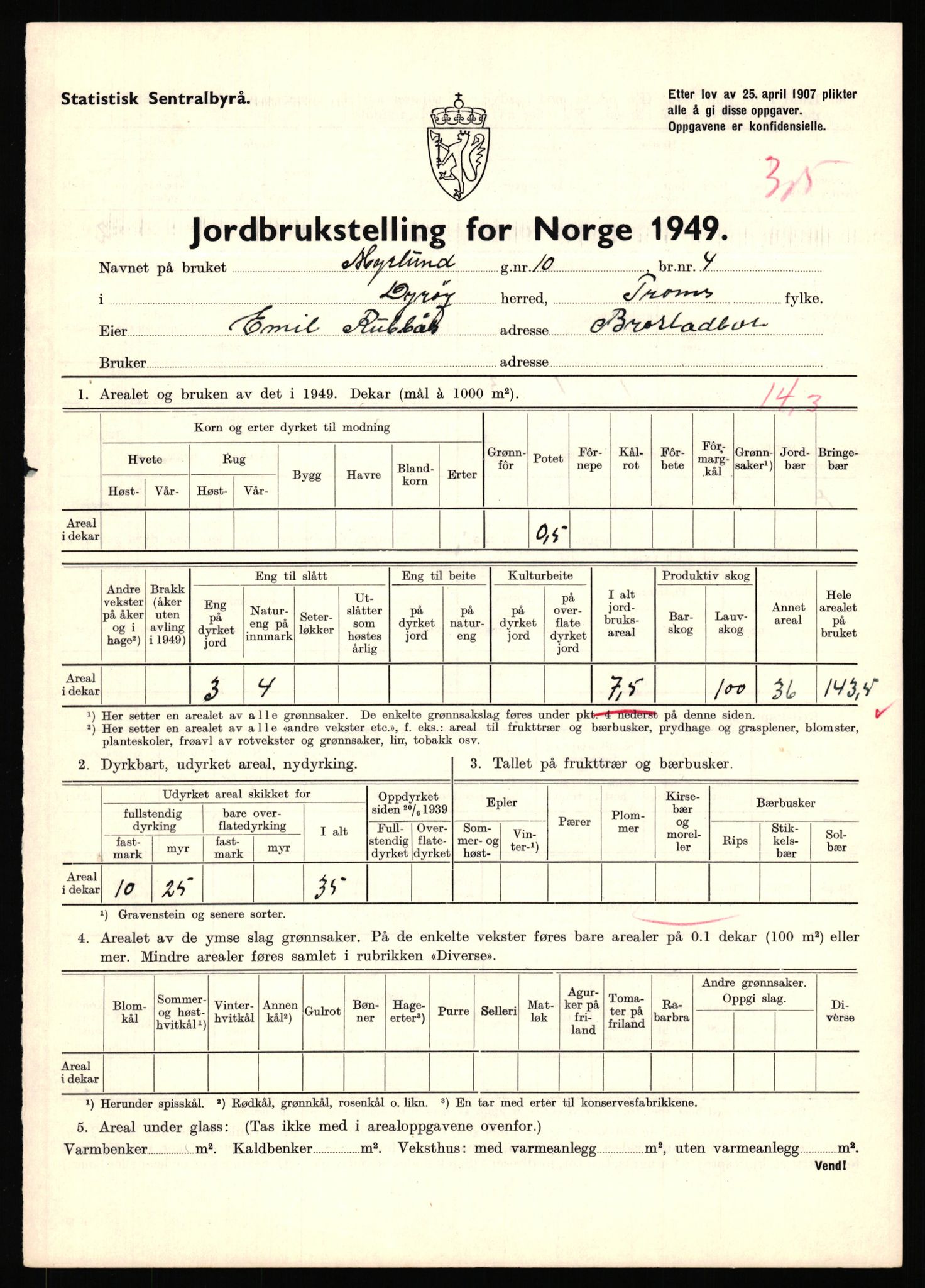 Statistisk sentralbyrå, Næringsøkonomiske emner, Jordbruk, skogbruk, jakt, fiske og fangst, AV/RA-S-2234/G/Gc/L0440: Troms: Sørreisa og Dyrøy, 1949, p. 940