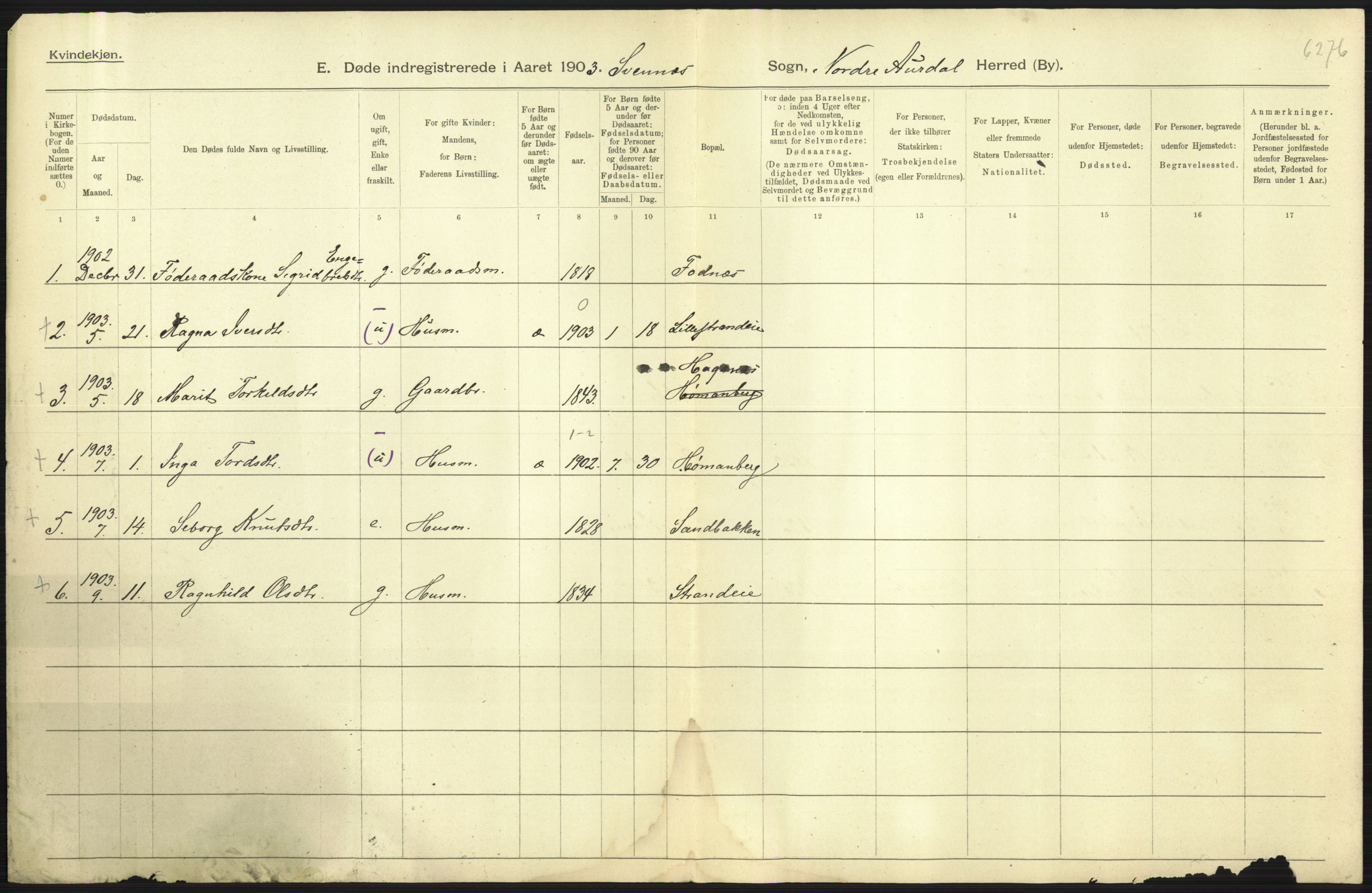 Statistisk sentralbyrå, Sosiodemografiske emner, Befolkning, AV/RA-S-2228/D/Df/Dfa/Dfaa/L0006: Kristians amt: Fødte, gifte, døde, 1903, p. 625