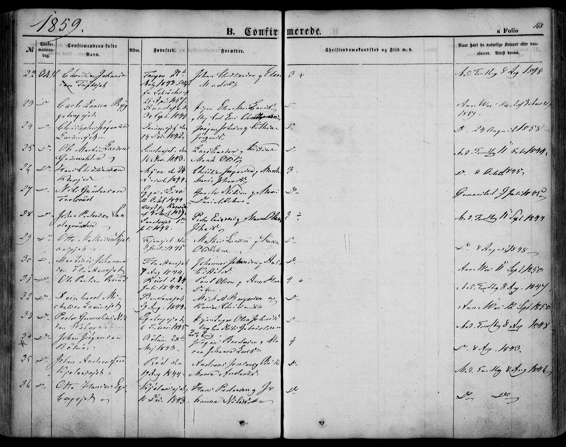 Sande Kirkebøker, AV/SAKO-A-53/F/Fa/L0004: Parish register (official) no. 4, 1847-1864, p. 168