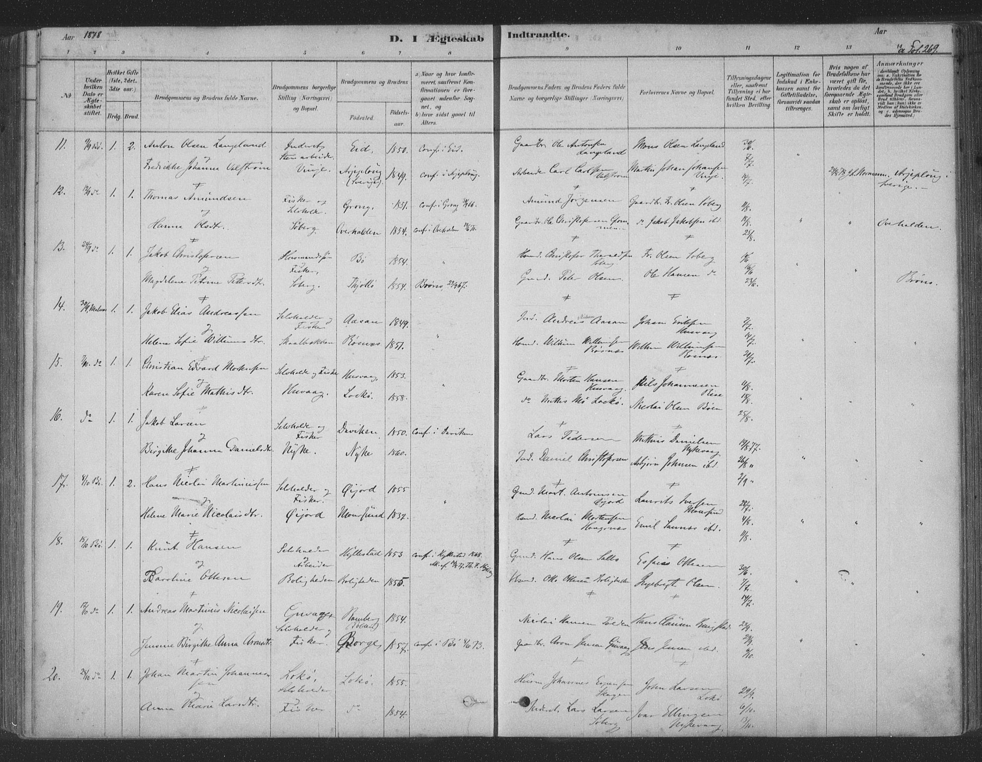 Ministerialprotokoller, klokkerbøker og fødselsregistre - Nordland, AV/SAT-A-1459/891/L1302: Parish register (official) no. 891A07, 1878-1895, p. 269