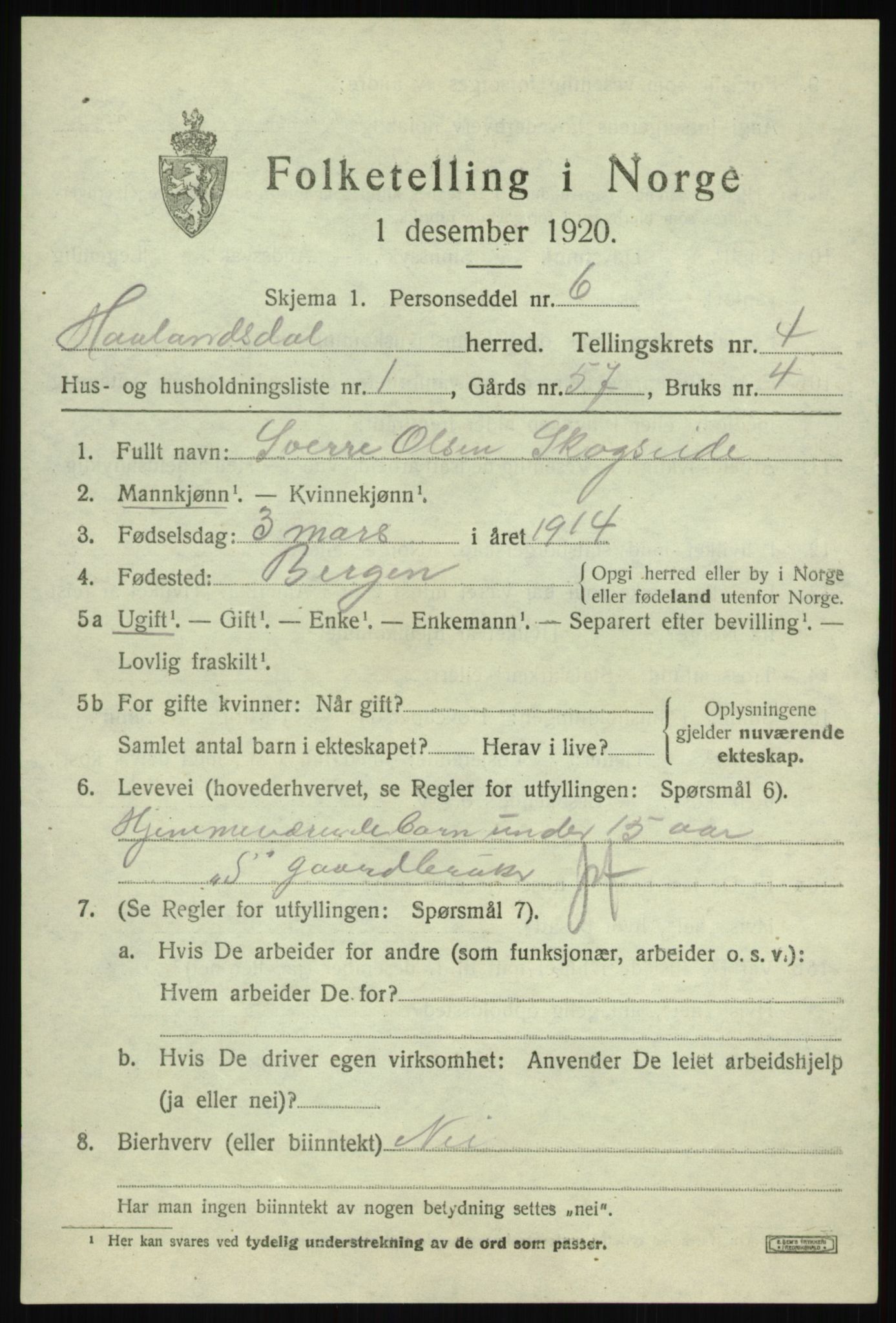 SAB, 1920 census for Hålandsdal, 1920, p. 838