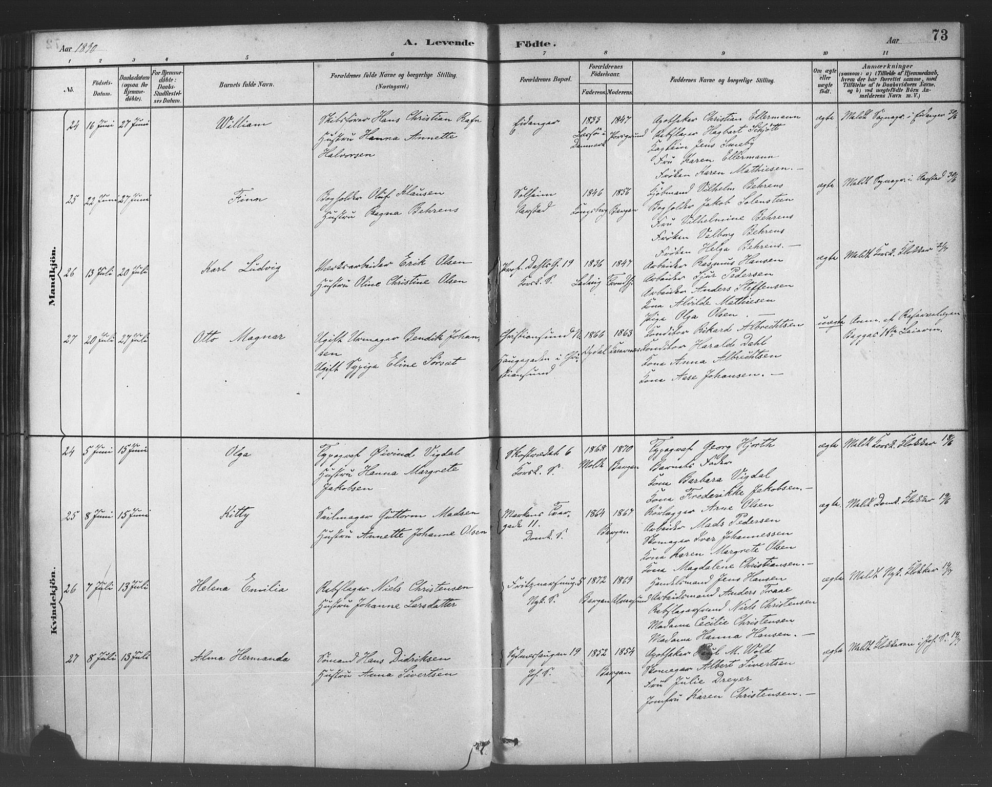 Fødselsstiftelsens sokneprestembete*, SAB/-: Parish register (official) no. A 2, 1884-1900, p. 73