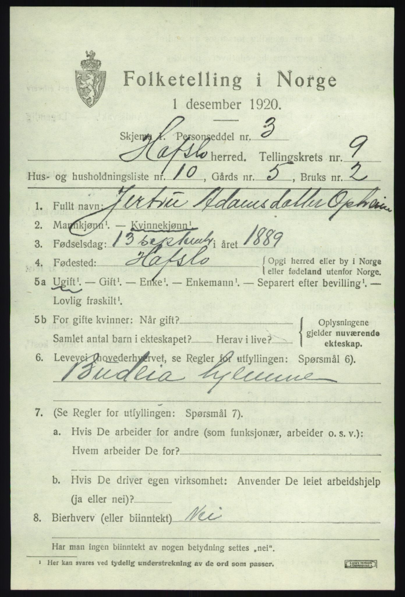 SAB, 1920 census for Hafslo, 1920, p. 6420