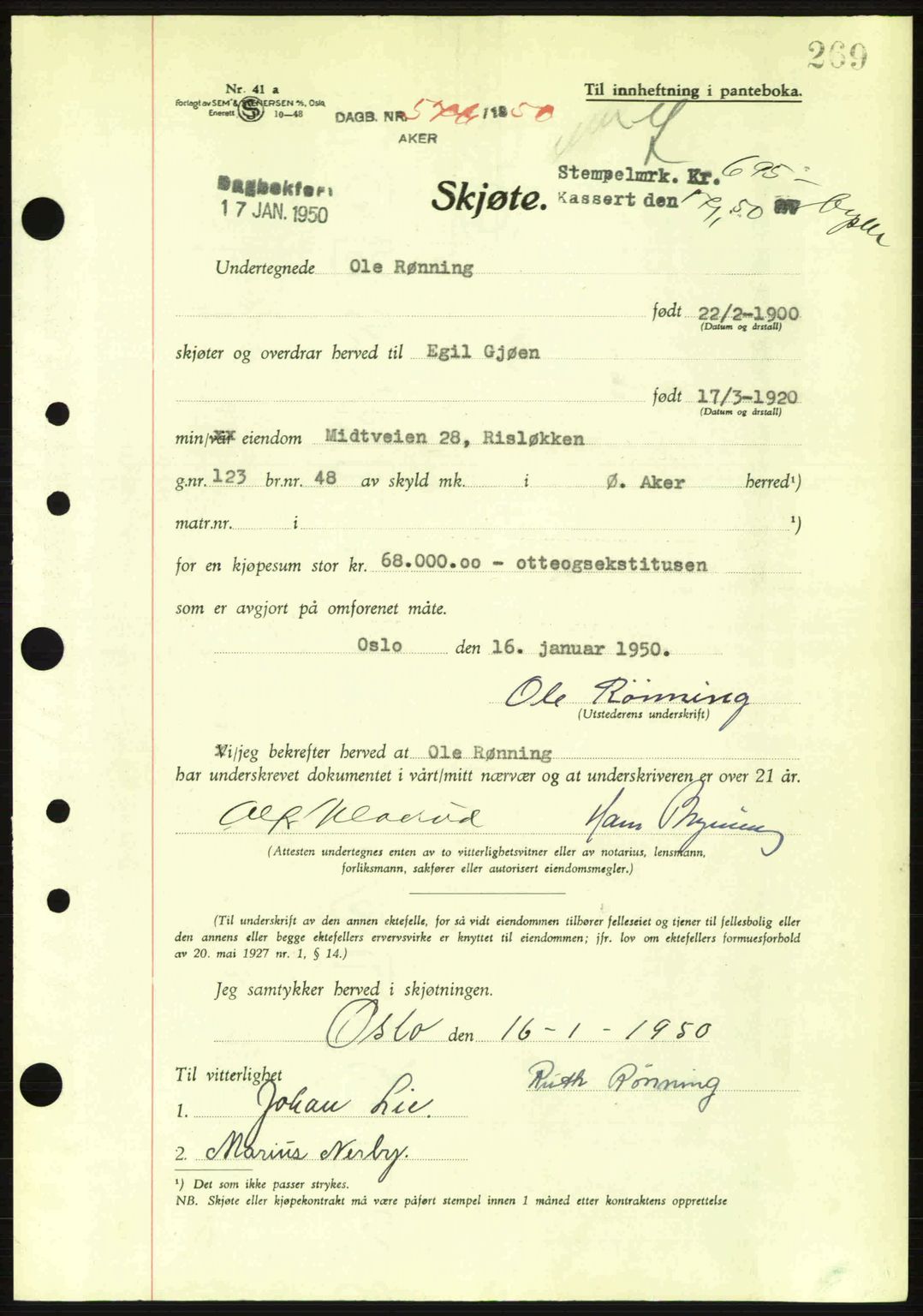 Oslo byskriverembete, AV/SAO-A-10227/G/Gb/Gbd/Gbda/L0017: Mortgage book no. A215, 1949-1950, Diary no: : 576/1950