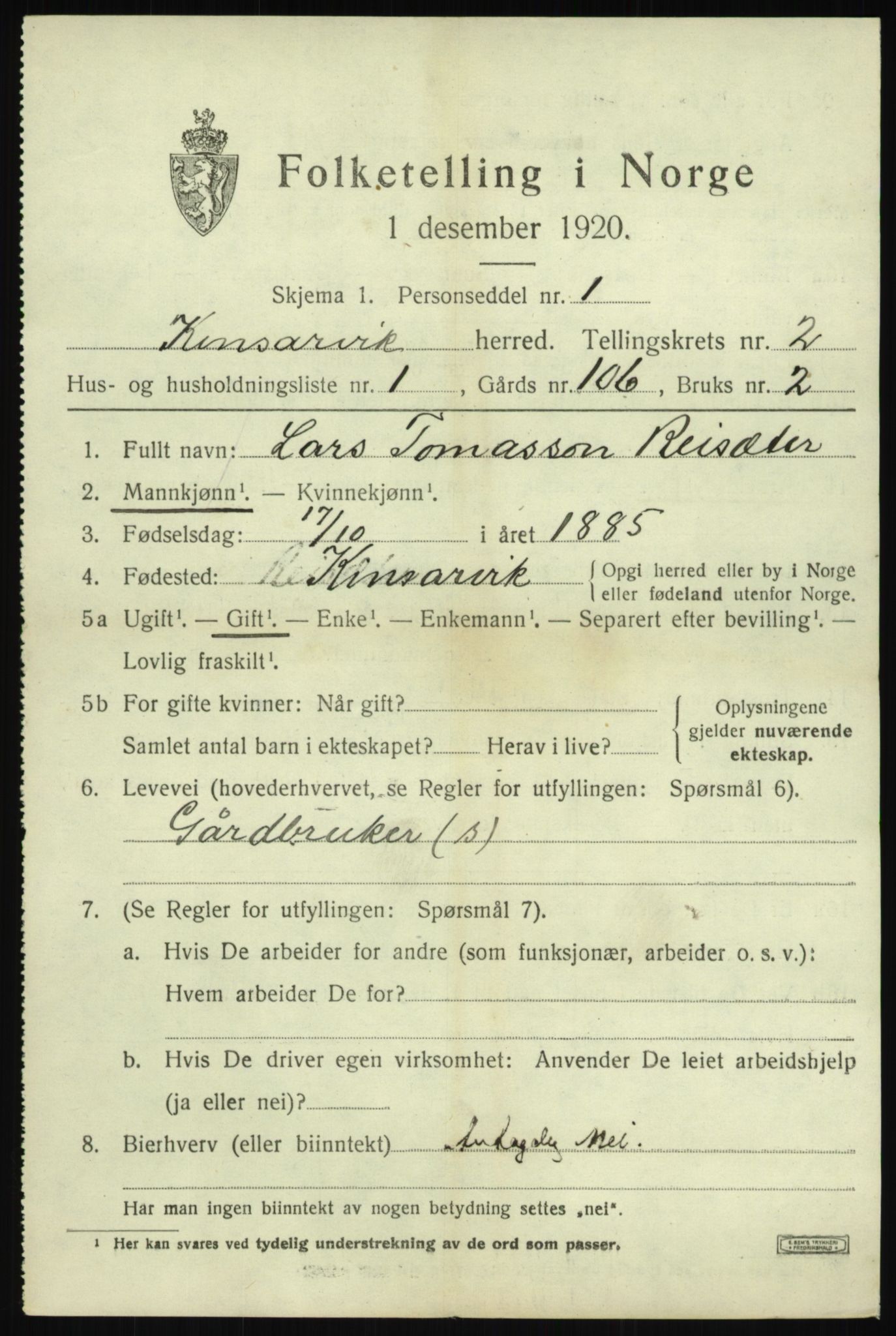 SAB, 1920 census for Kinsarvik, 1920, p. 1278