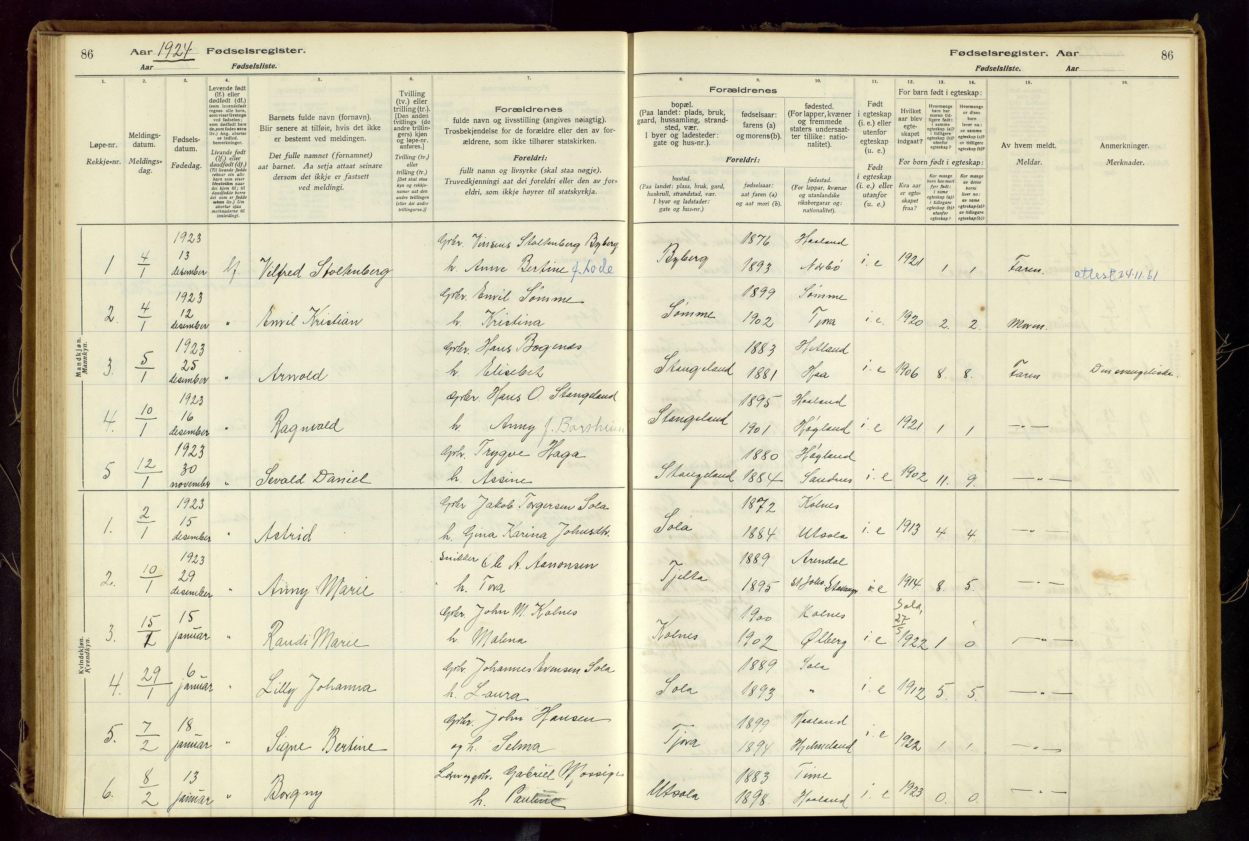 Håland sokneprestkontor, AV/SAST-A-101802/001/704BA/L0001: Birth register no. 1, 1916-1936, p. 86