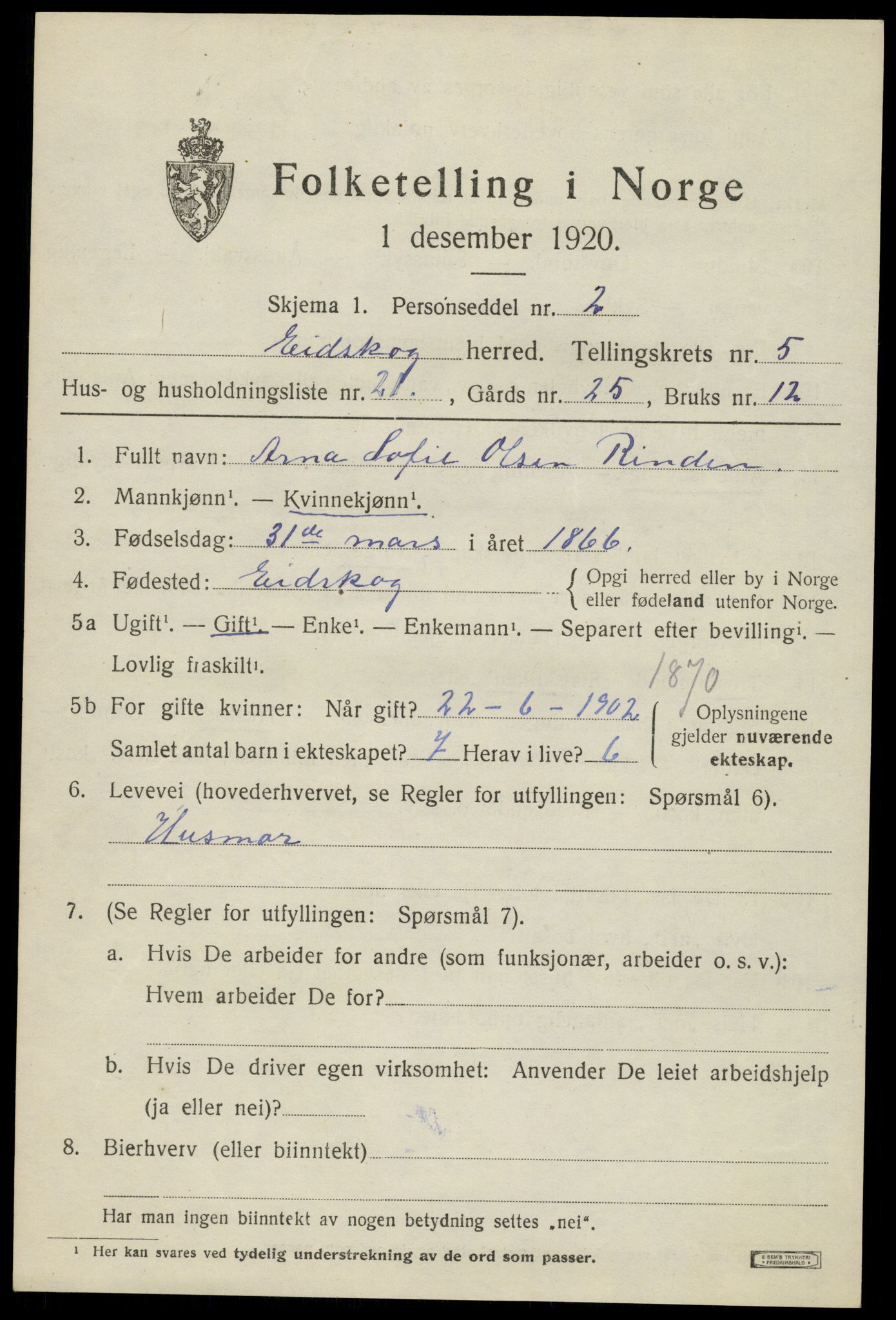 SAH, 1920 census for Eidskog, 1920, p. 5983