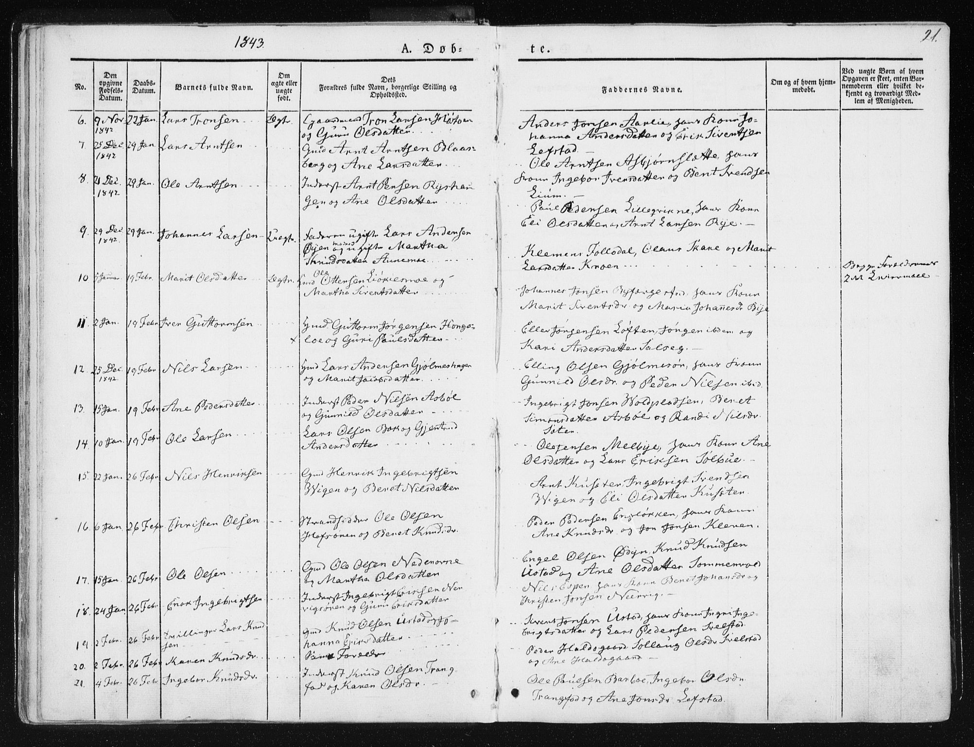 Ministerialprotokoller, klokkerbøker og fødselsregistre - Sør-Trøndelag, SAT/A-1456/668/L0805: Parish register (official) no. 668A05, 1840-1853, p. 21