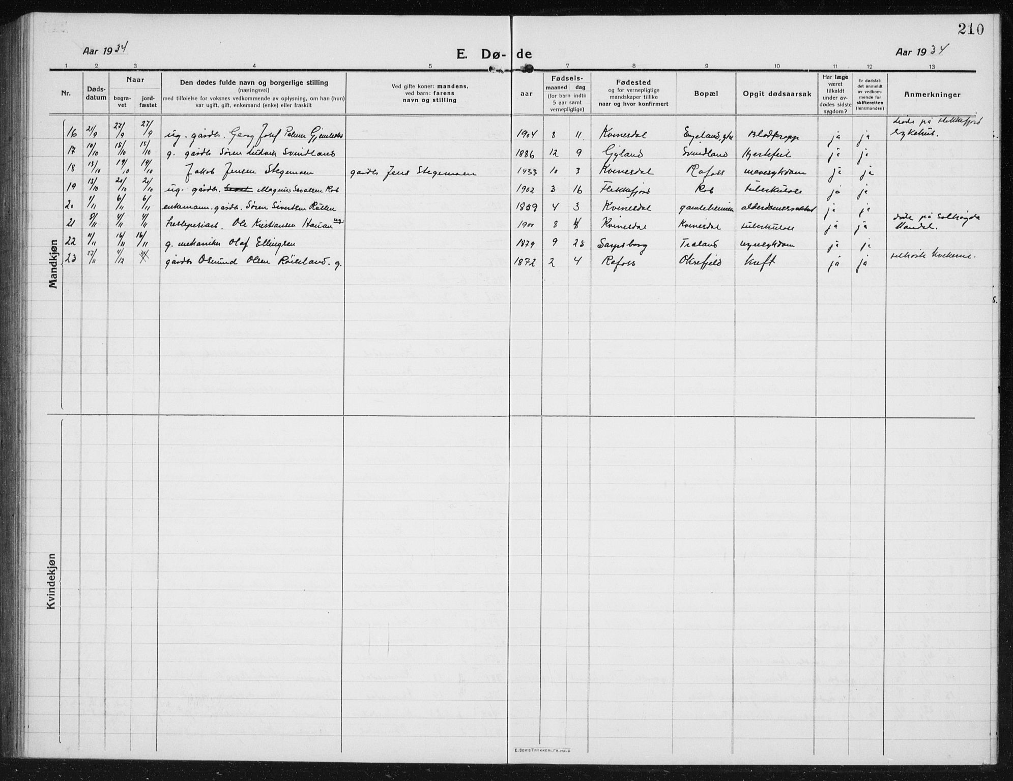 Kvinesdal sokneprestkontor, AV/SAK-1111-0026/F/Fb/Fbb/L0004: Parish register (copy) no. B 4, 1917-1938, p. 210