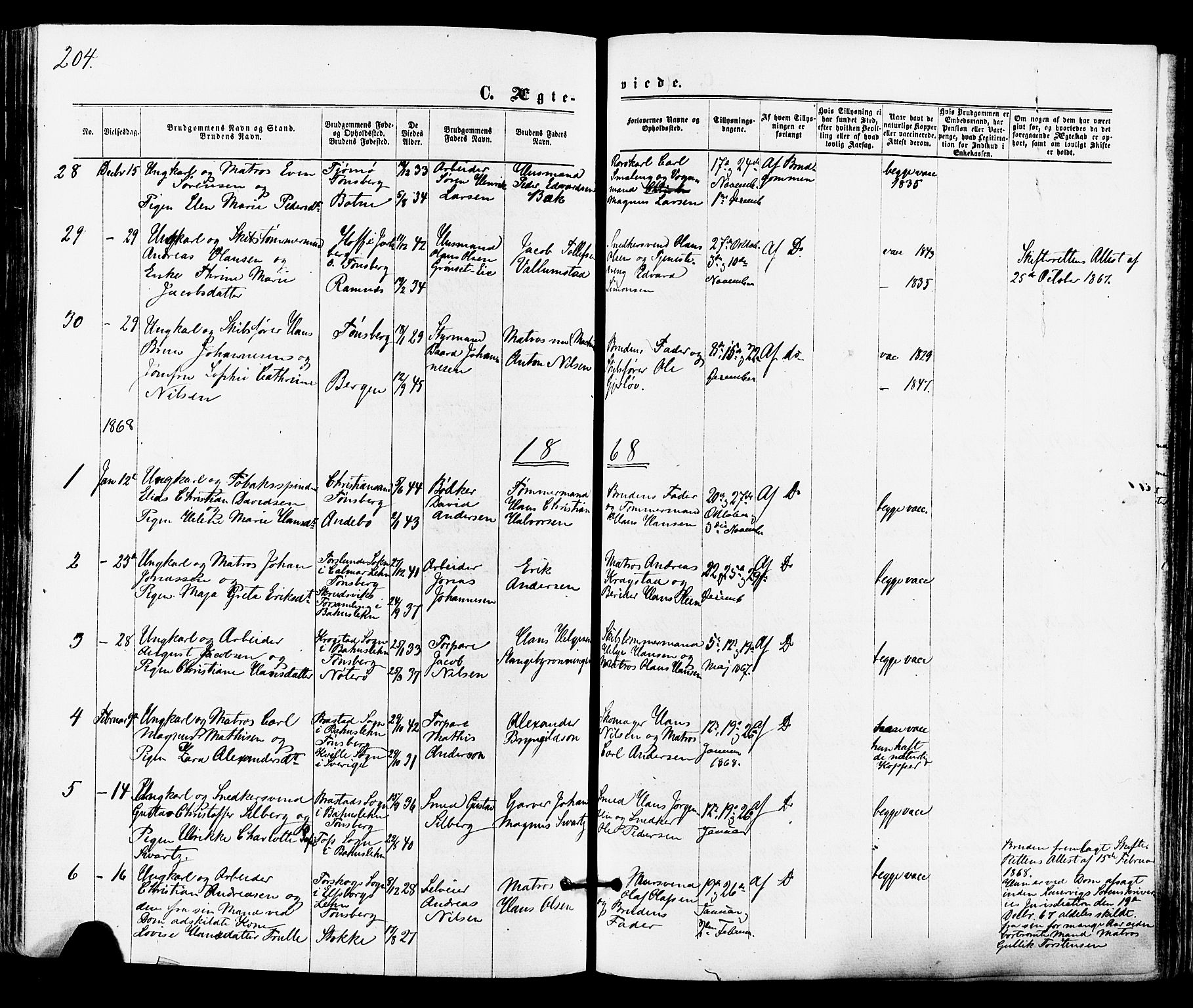 Tønsberg kirkebøker, SAKO/A-330/F/Fa/L0009: Parish register (official) no. I 9, 1865-1873, p. 204