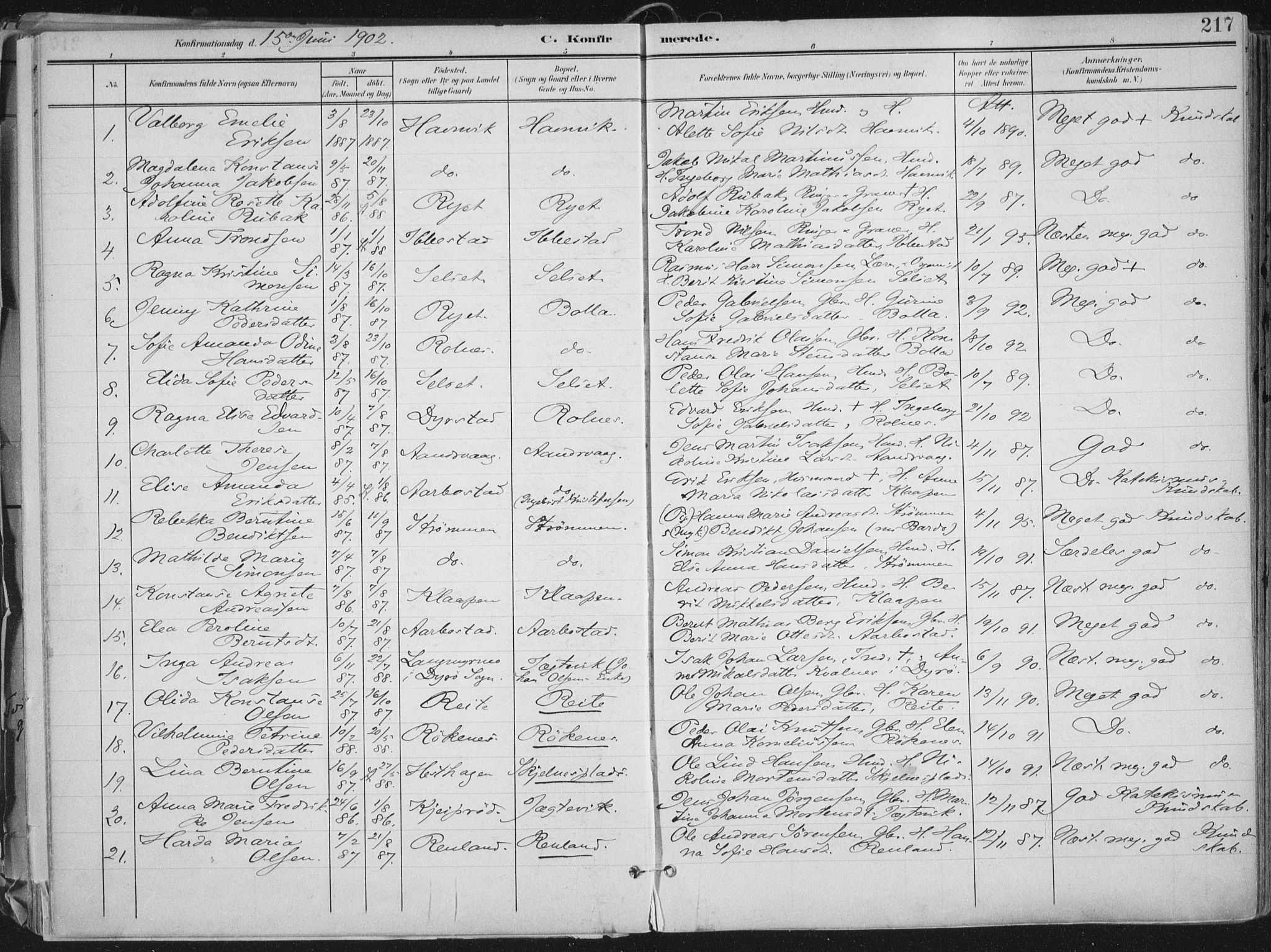 Ibestad sokneprestembete, SATØ/S-0077/H/Ha/Haa/L0017kirke: Parish register (official) no. 17, 1901-1914, p. 217