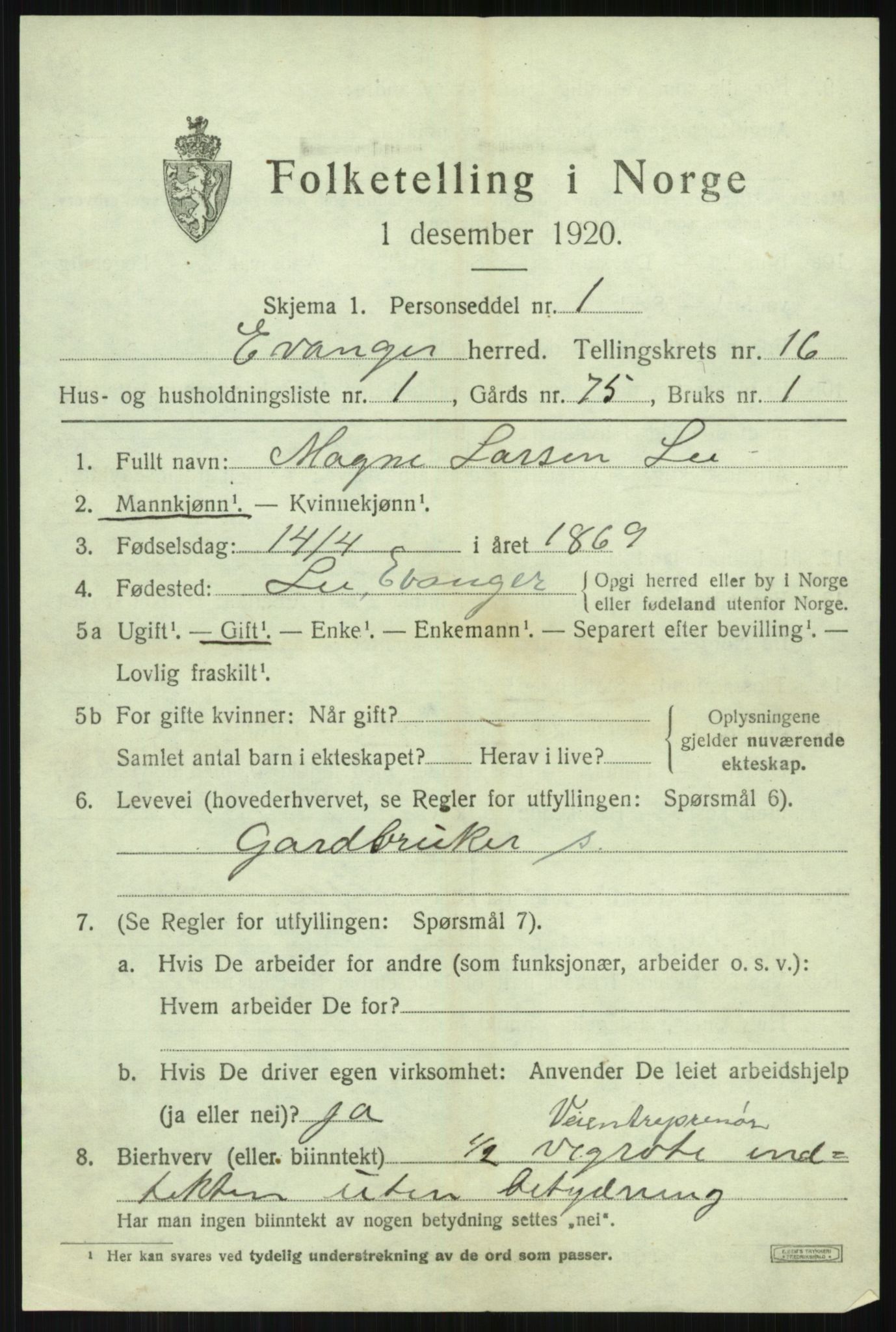 SAB, 1920 census for Evanger, 1920, p. 4251
