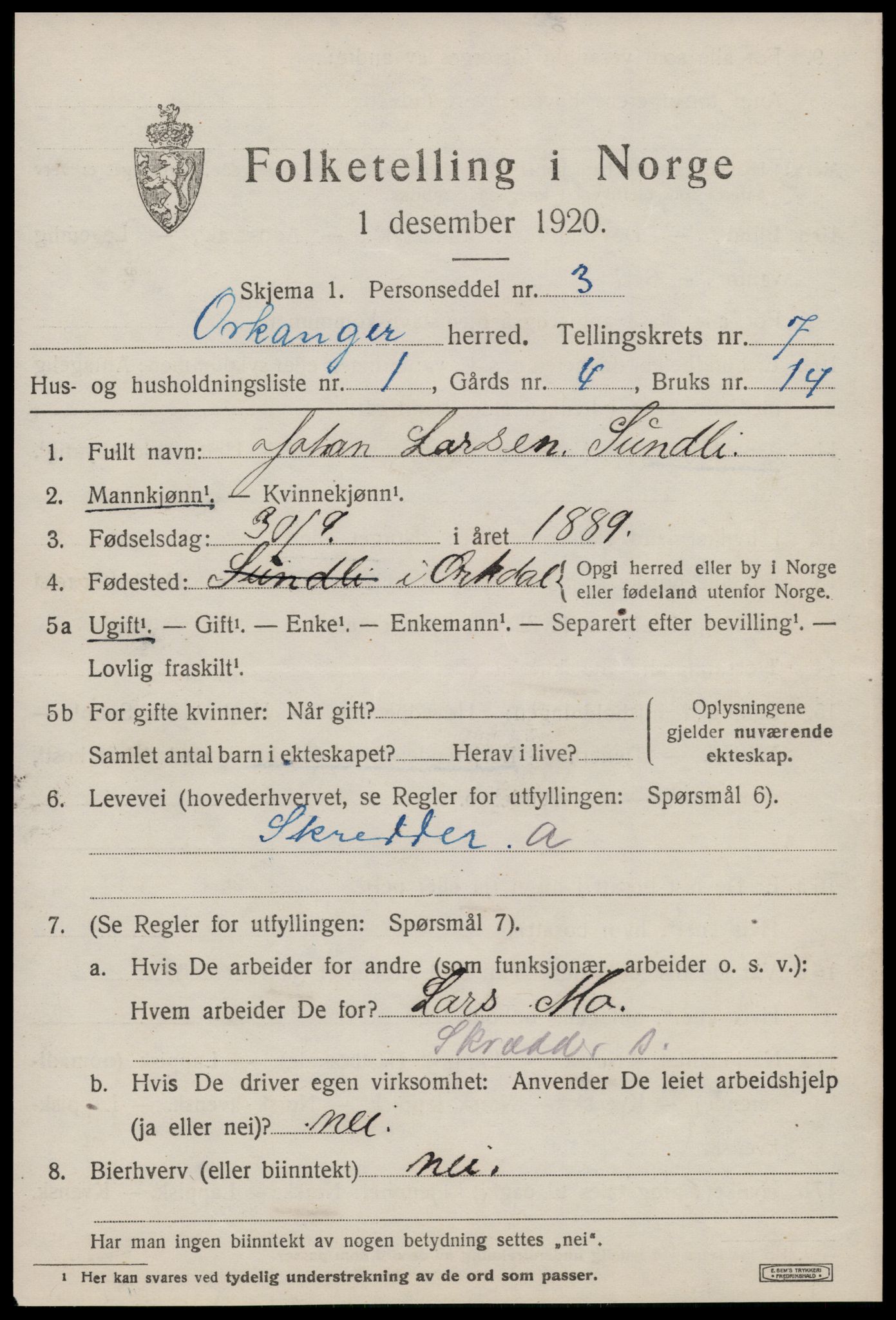 SAT, 1920 census for Orkanger, 1920, p. 3485