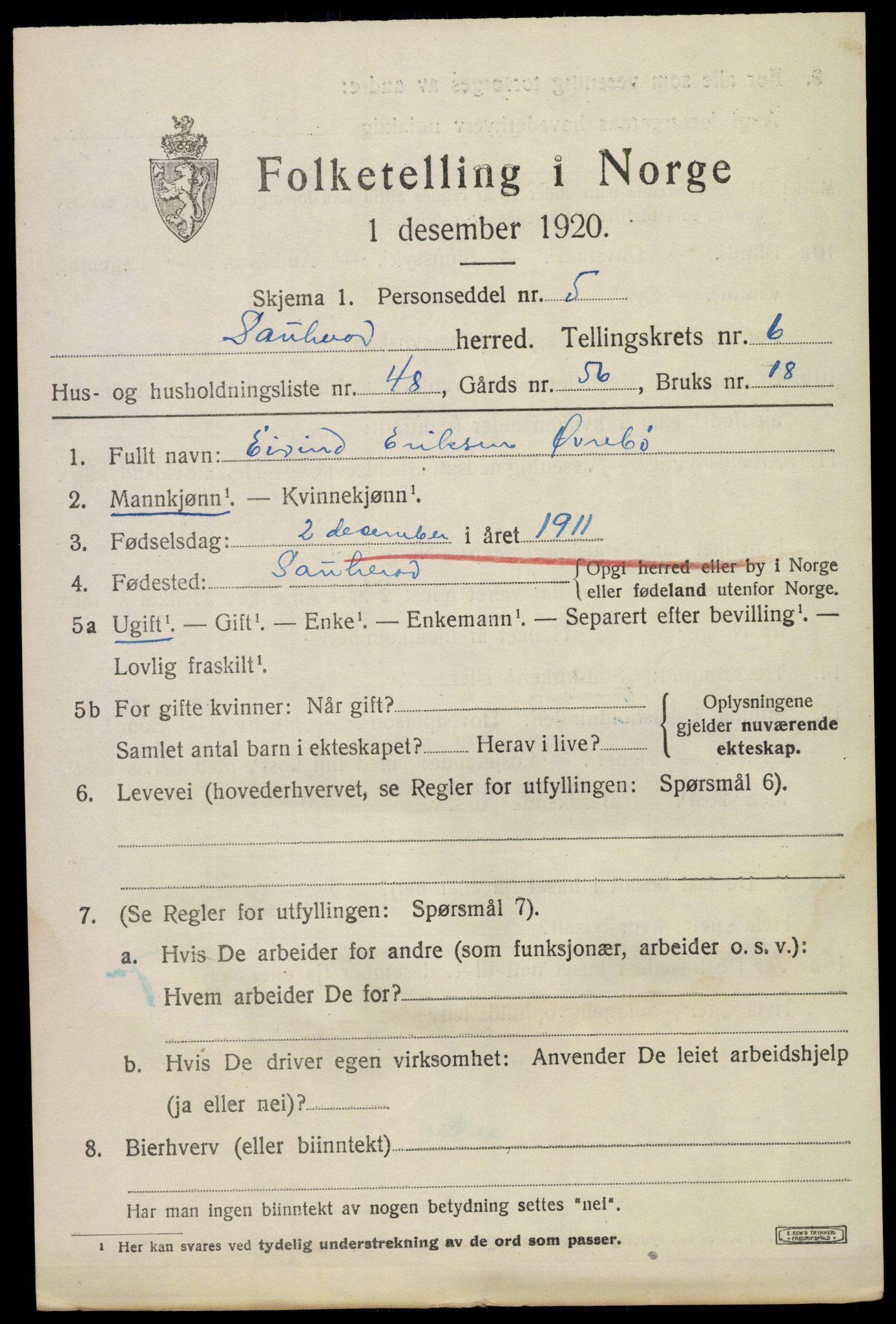 SAKO, 1920 census for Sauherad, 1920, p. 5579