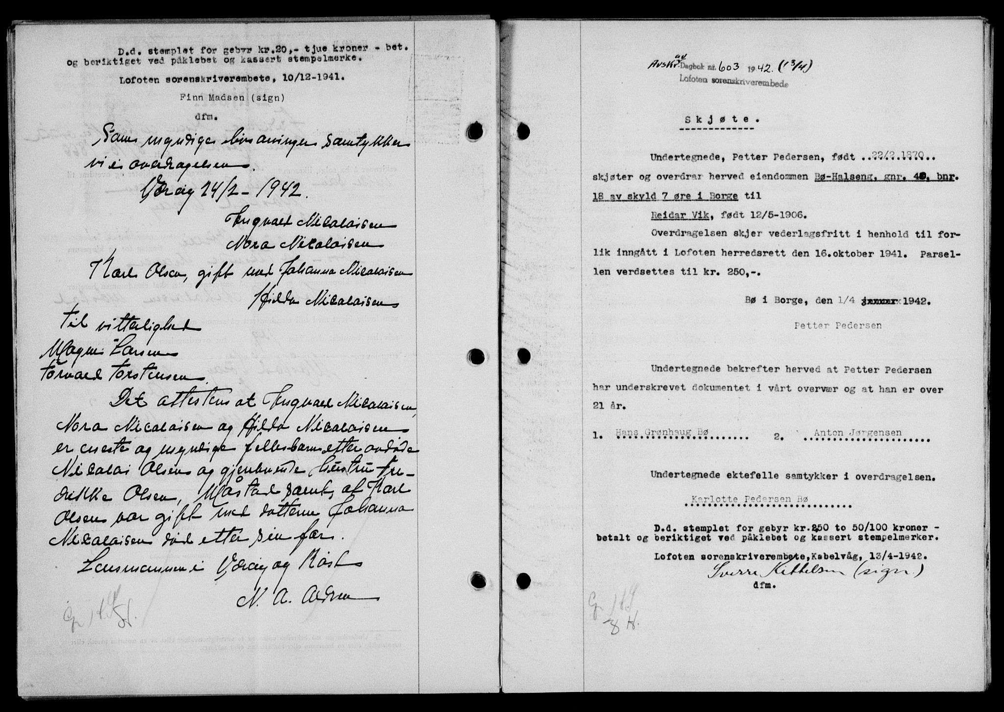 Lofoten sorenskriveri, SAT/A-0017/1/2/2C/L0009a: Mortgage book no. 9a, 1941-1942, Diary no: : 603/1942