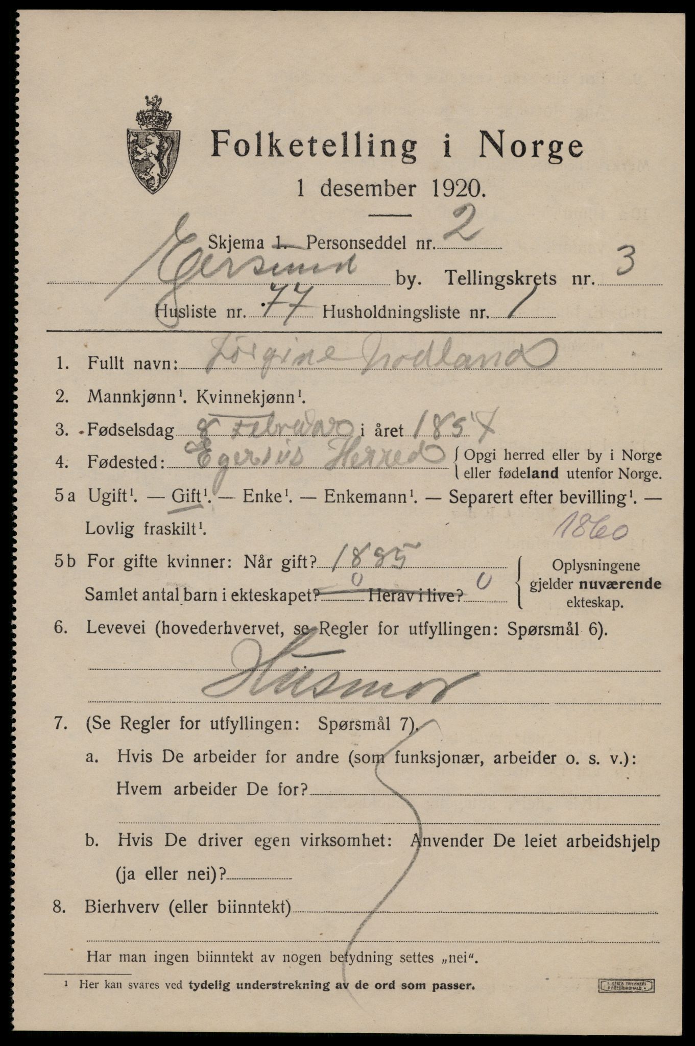 SAST, 1920 census for Egersund town, 1920, p. 5986