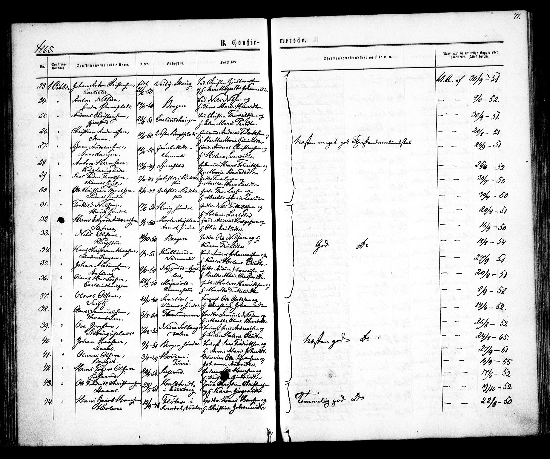 Skiptvet prestekontor Kirkebøker, AV/SAO-A-20009/F/Fa/L0007: Parish register (official) no. 7, 1861-1866, p. 71