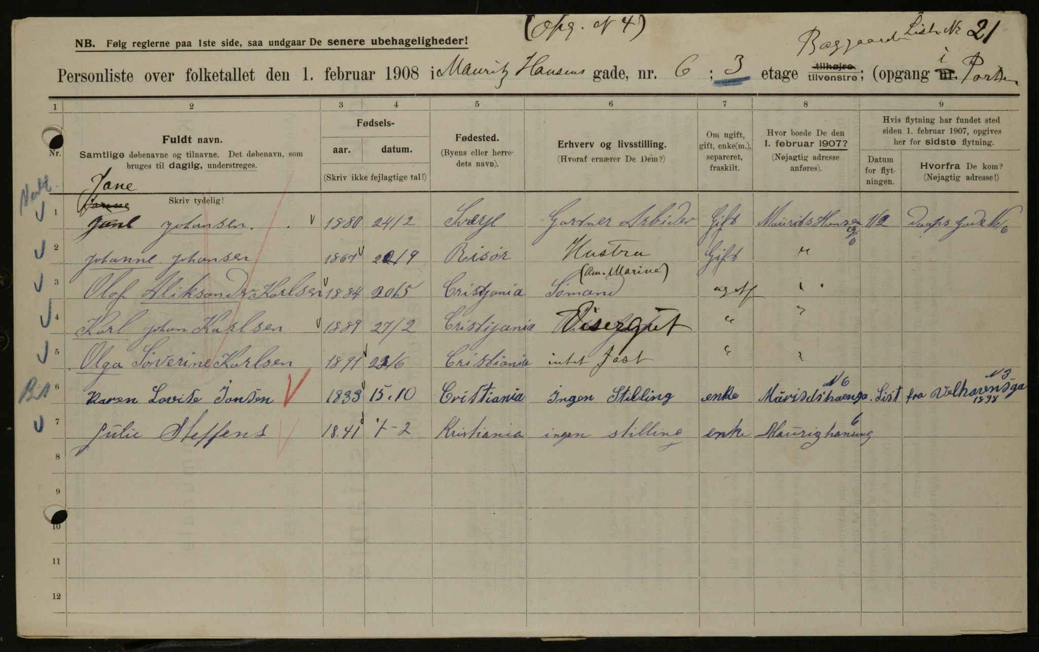 OBA, Municipal Census 1908 for Kristiania, 1908, p. 58285