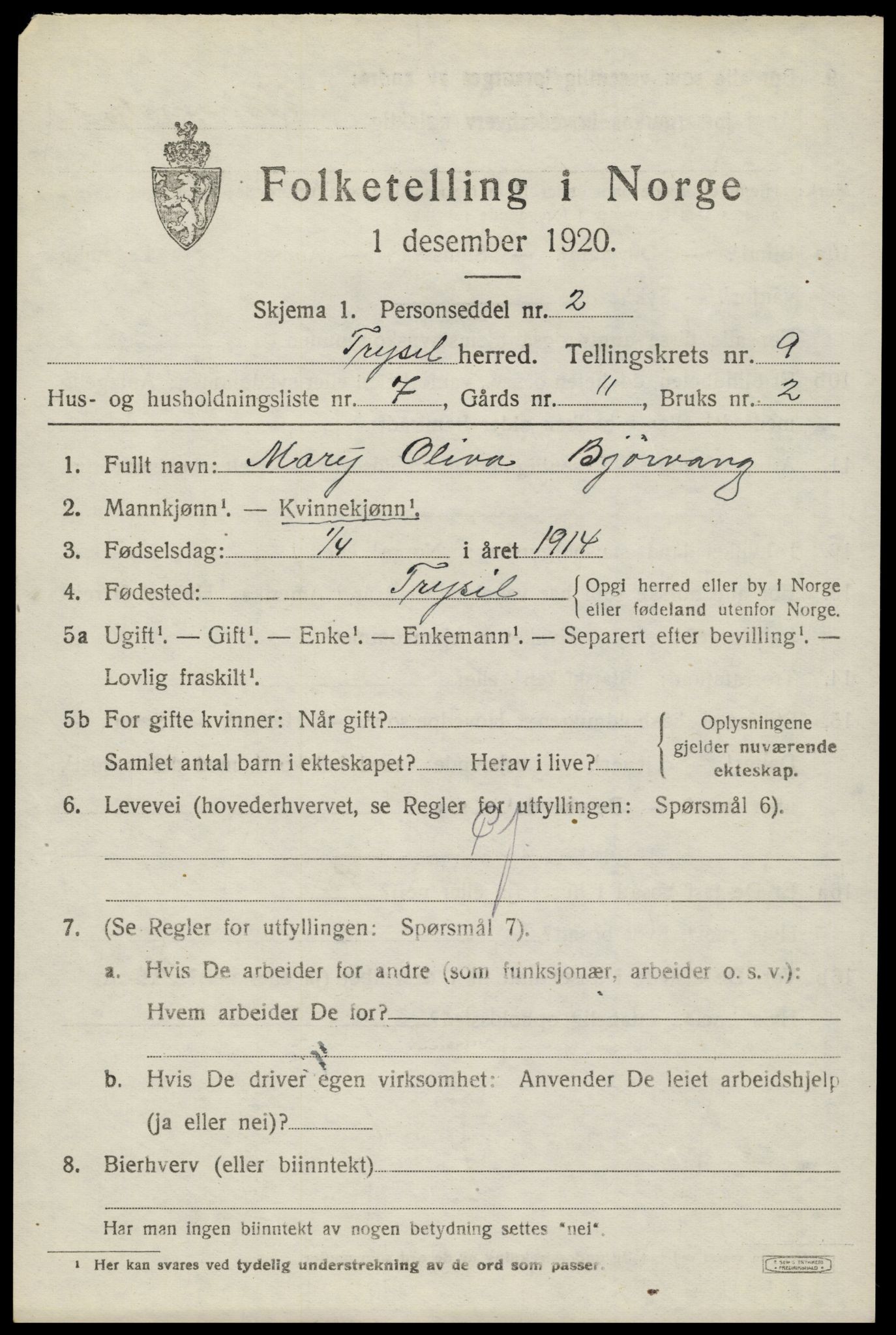 SAH, 1920 census for Trysil, 1920, p. 6625