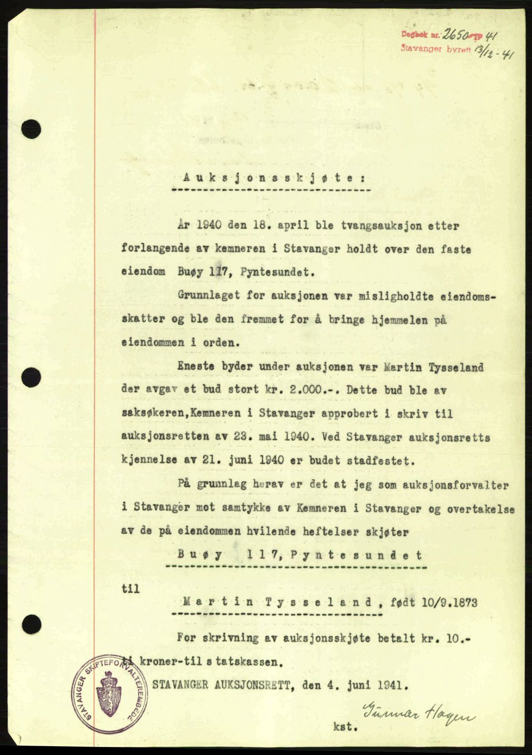 Stavanger byrett, SAST/A-100455/002/G/Gb/L0017: Mortgage book no. A7, 1941-1943, Diary no: : 2650/1941