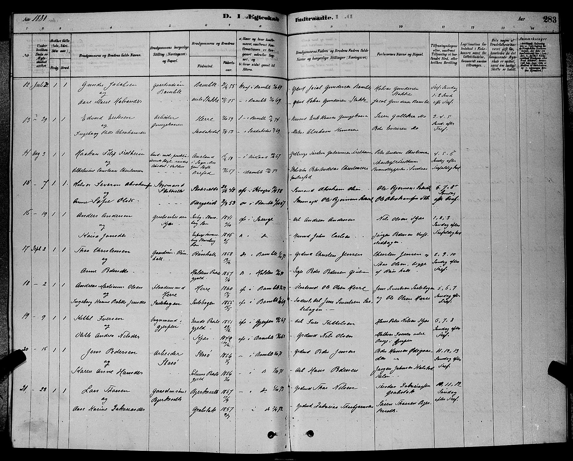 Bamble kirkebøker, SAKO/A-253/G/Ga/L0008: Parish register (copy) no. I 8, 1878-1888, p. 283