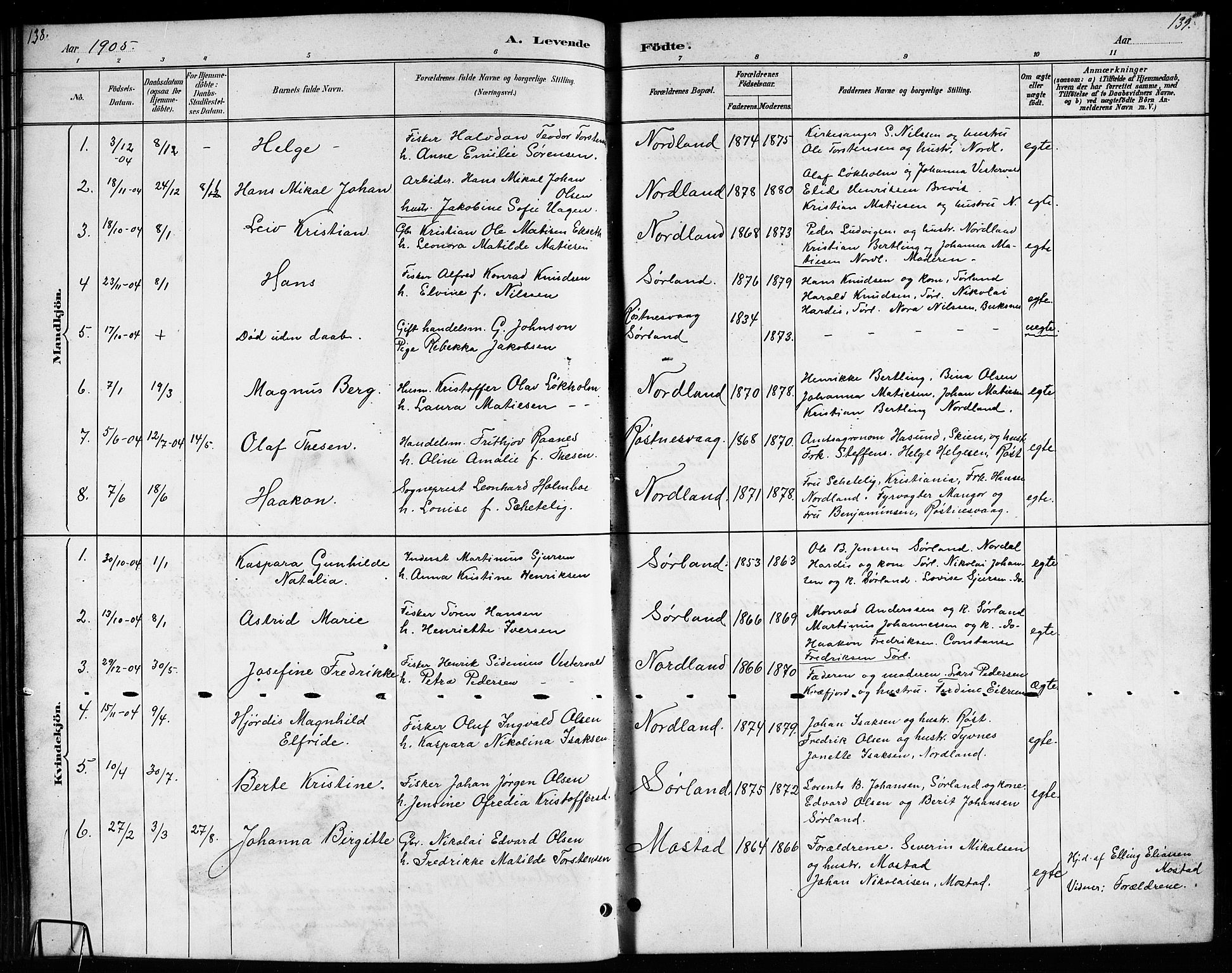 Ministerialprotokoller, klokkerbøker og fødselsregistre - Nordland, AV/SAT-A-1459/807/L0123: Parish register (copy) no. 807C01, 1884-1910, p. 138-139