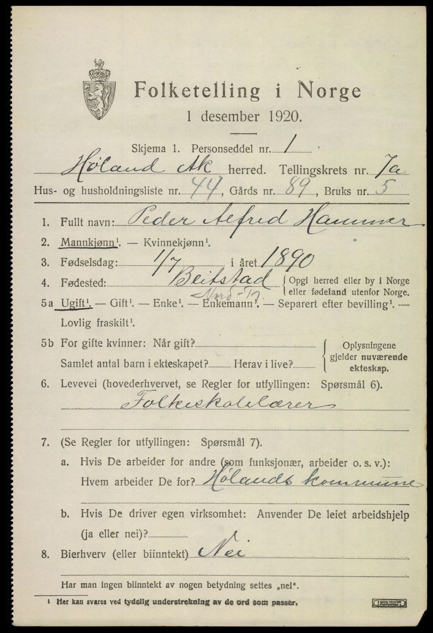 SAO, 1920 census for Høland, 1920, p. 9647