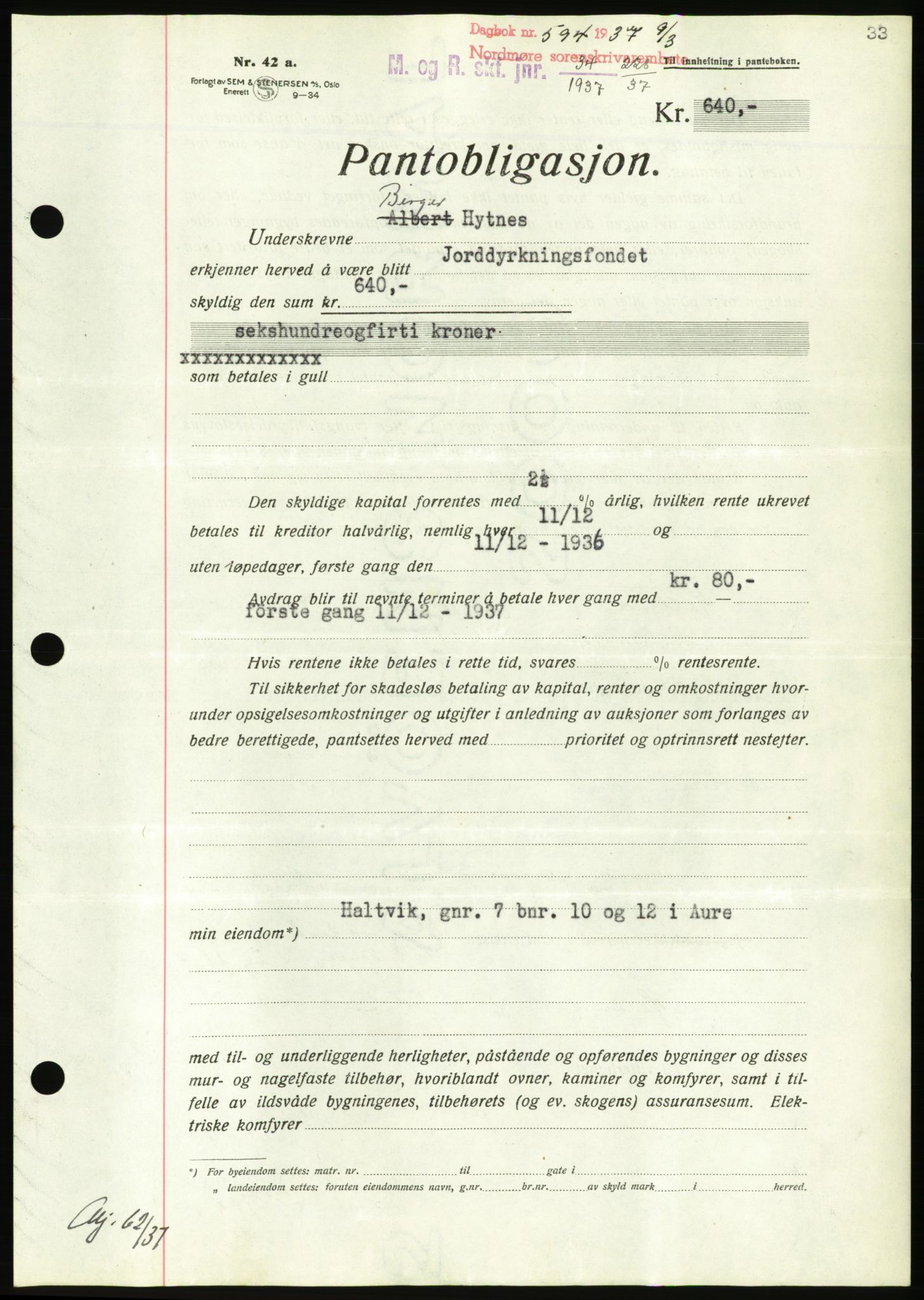 Nordmøre sorenskriveri, AV/SAT-A-4132/1/2/2Ca/L0091: Mortgage book no. B81, 1937-1937, Diary no: : 594/1937