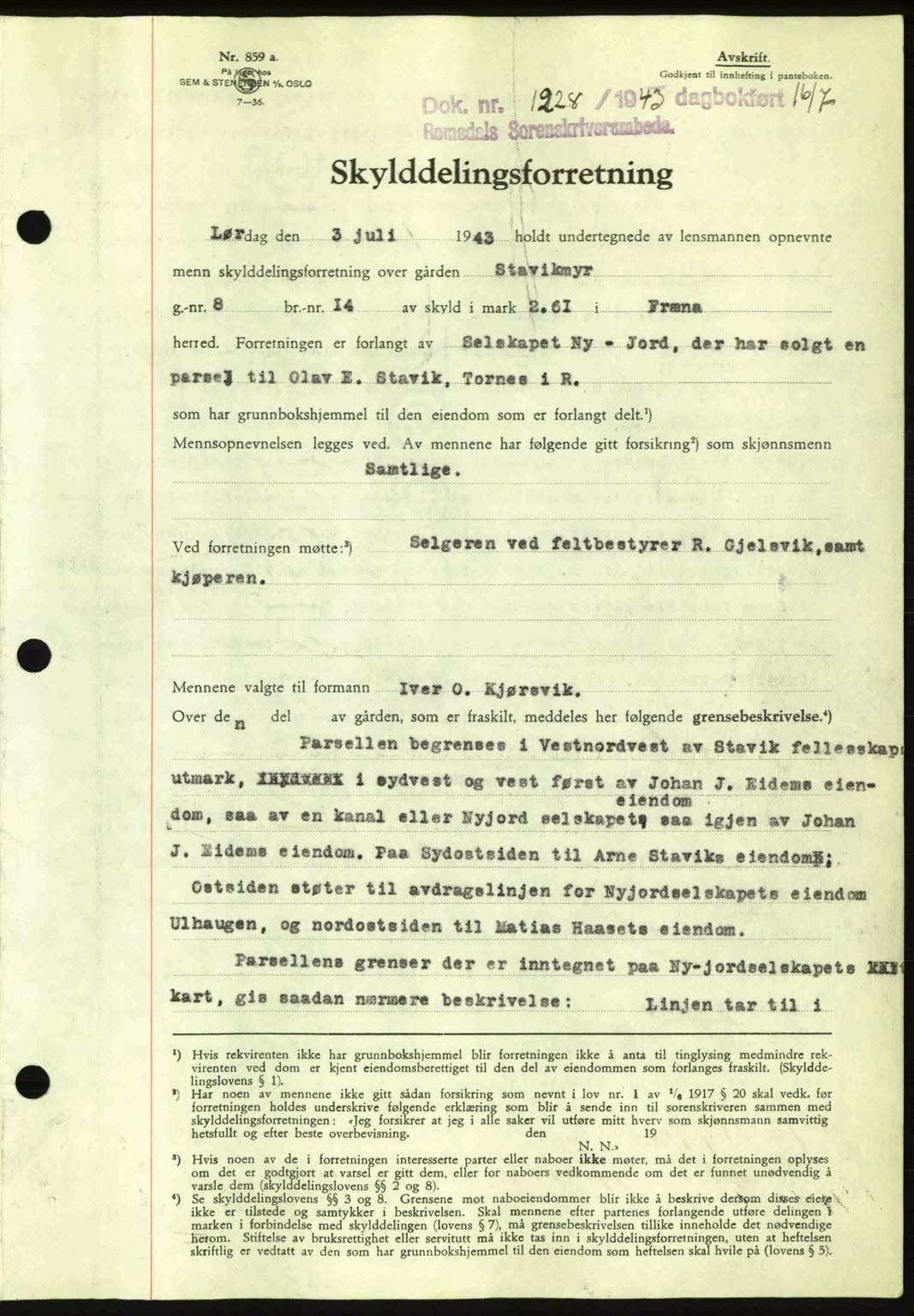 Romsdal sorenskriveri, AV/SAT-A-4149/1/2/2C: Mortgage book no. A14, 1943-1943, Diary no: : 1228/1943