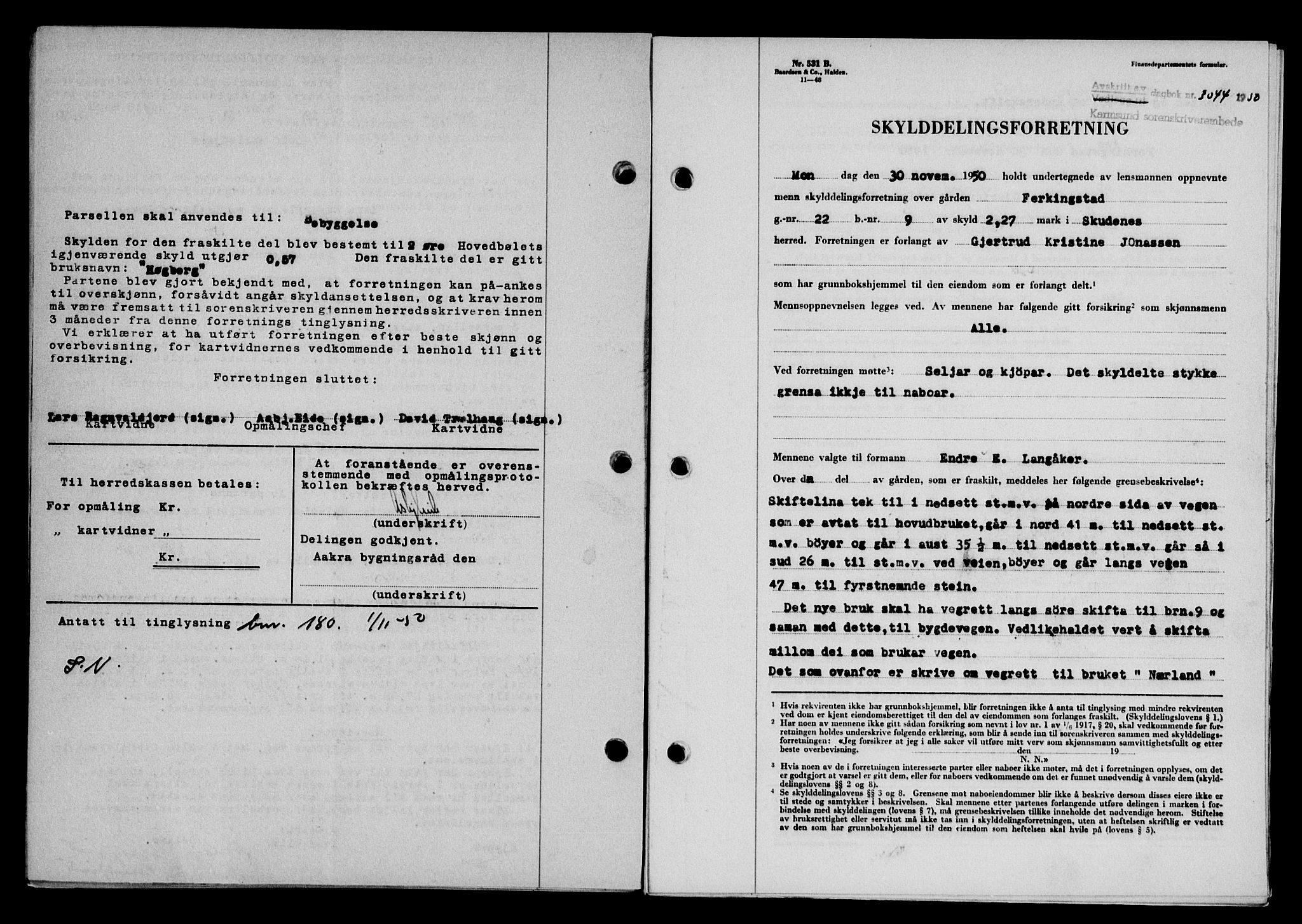 Karmsund sorenskriveri, SAST/A-100311/01/II/IIB/L0101: Mortgage book no. 81A, 1950-1951, Diary no: : 3044/1950