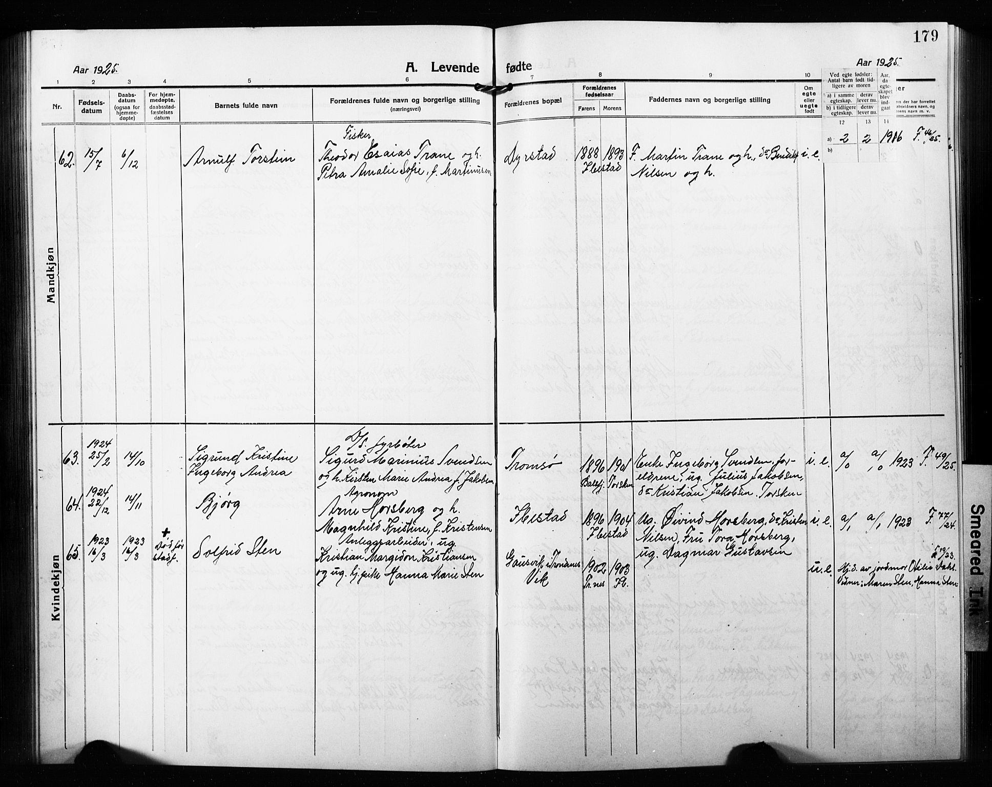 Ibestad sokneprestembete, SATØ/S-0077/H/Ha/Hab/L0010klokker: Parish register (copy) no. 10, 1915-1929, p. 179