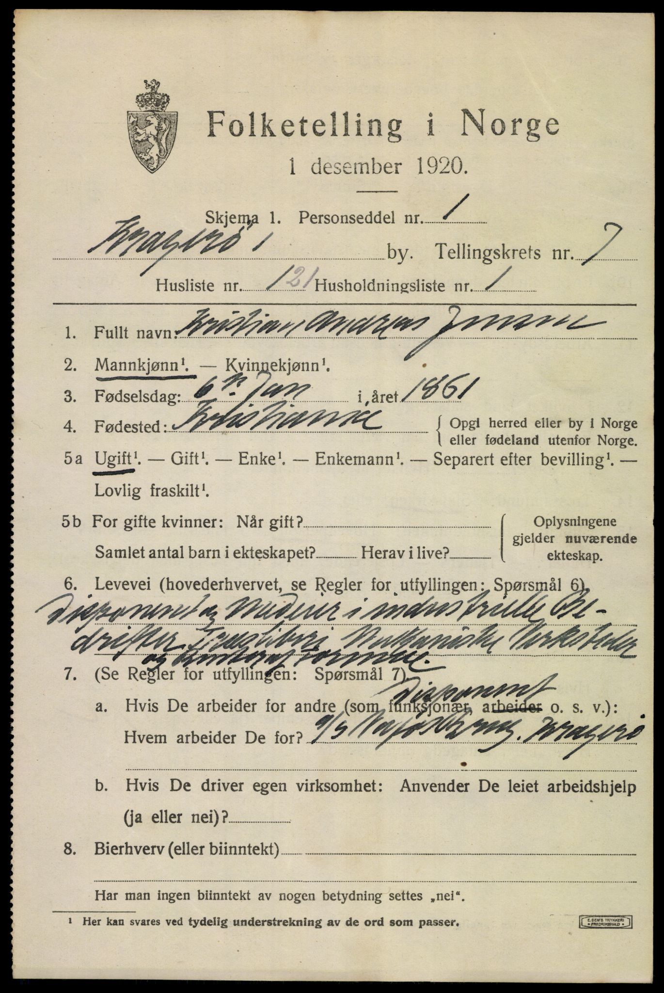 SAKO, 1920 census for Kragerø, 1920, p. 11089