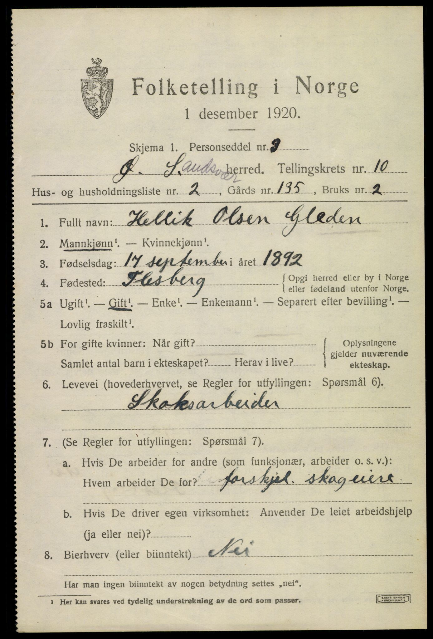 SAKO, 1920 census for Øvre Sandsvær, 1920, p. 5590