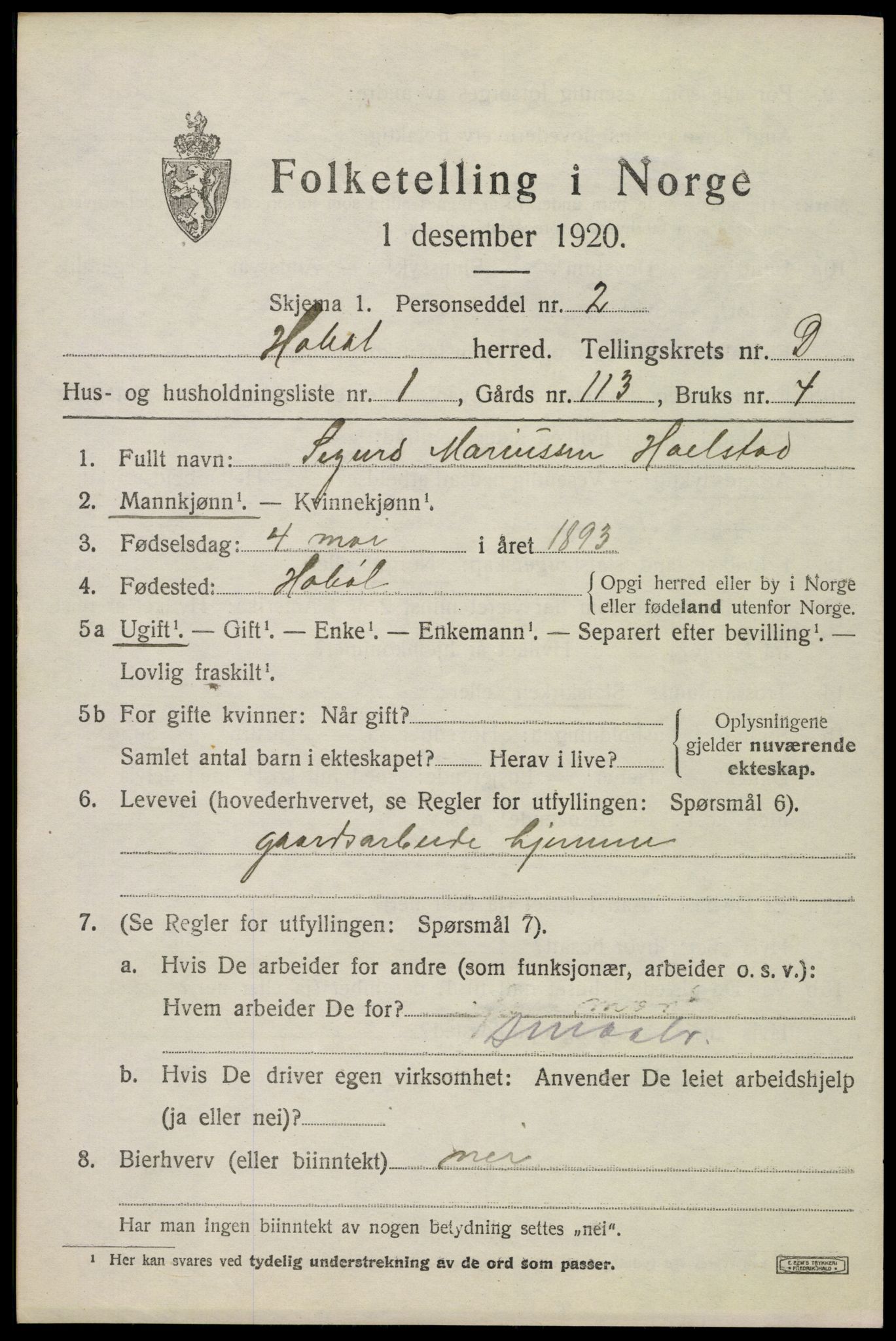 SAO, 1920 census for Hobøl, 1920, p. 2794