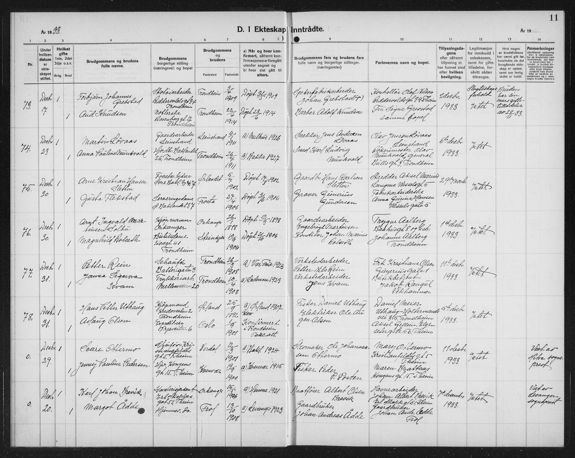 Ministerialprotokoller, klokkerbøker og fødselsregistre - Sør-Trøndelag, AV/SAT-A-1456/602/L0152: Parish register (copy) no. 602C20, 1933-1940, p. 11