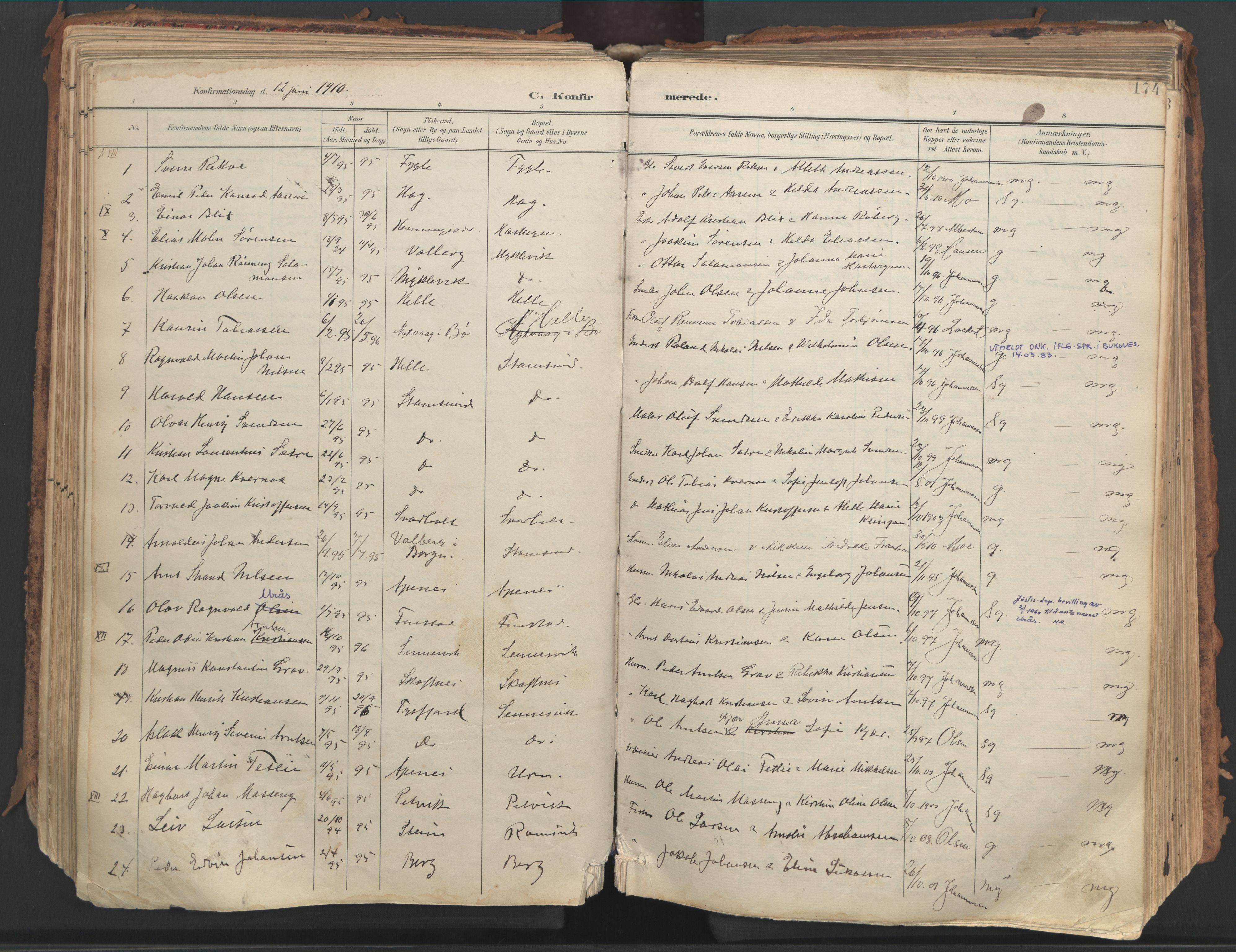Ministerialprotokoller, klokkerbøker og fødselsregistre - Nordland, AV/SAT-A-1459/882/L1180: Parish register (official) no. 882A02, 1897-1913, p. 174