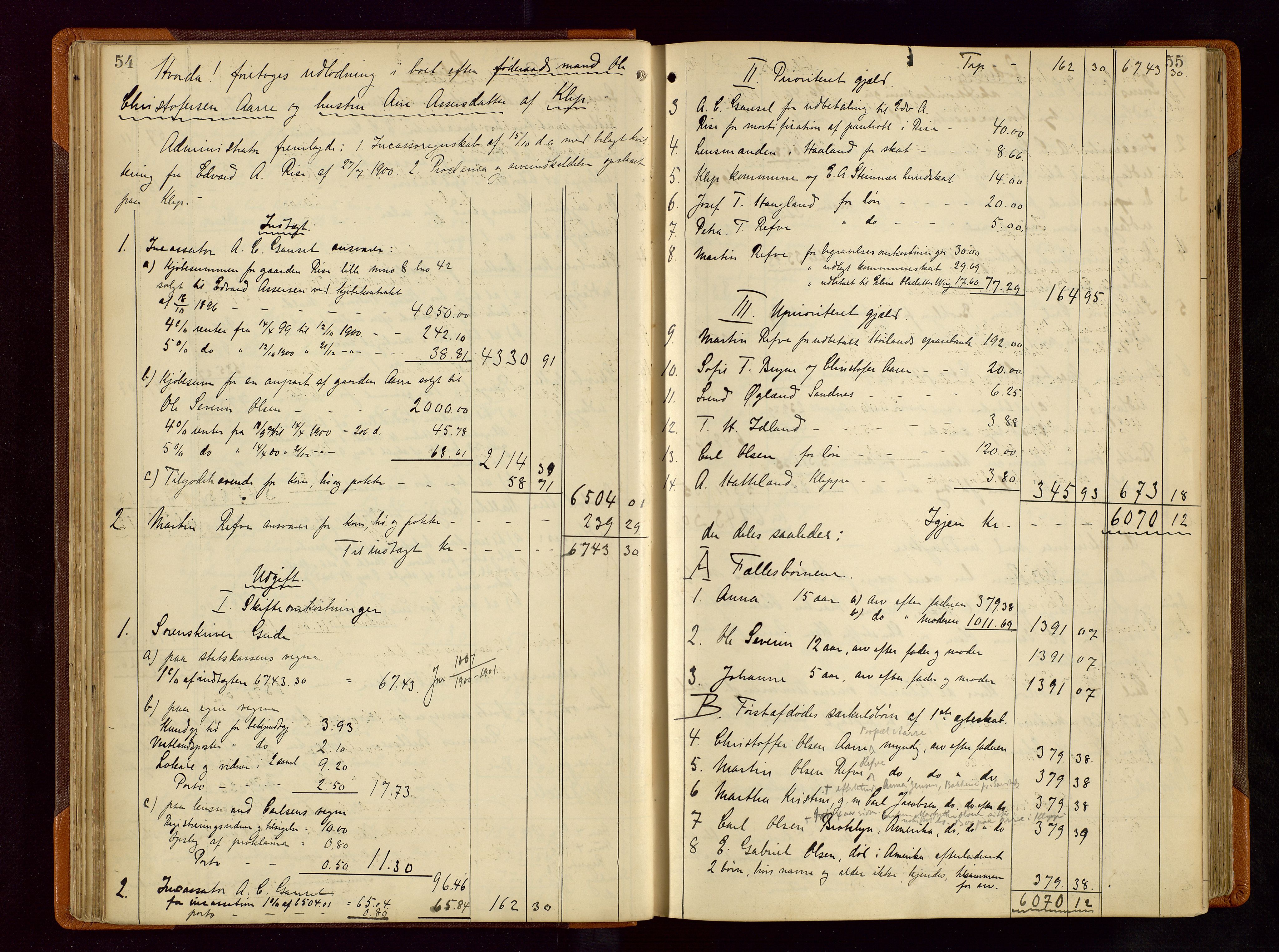 Jæren sorenskriveri, AV/SAST-A-100310/01/5/50/50BB/L0006: SKIFTEUTLODNINGSPROTOKOLL, 1900-1907, p. 54-55
