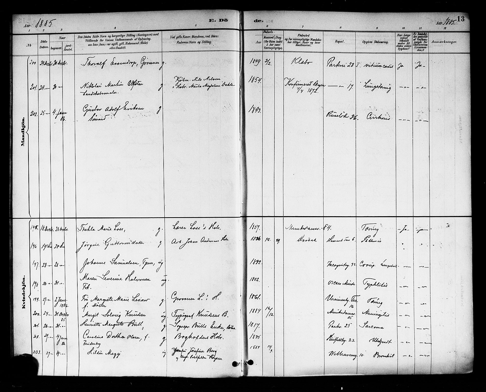 Trefoldighet prestekontor Kirkebøker, AV/SAO-A-10882/F/Fd/L0003: Parish register (official) no. IV 3, 1885-1896, p. 13