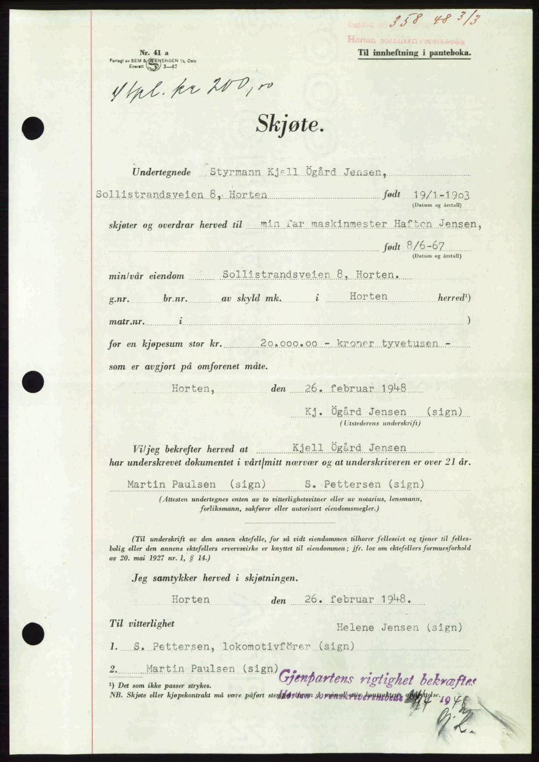 Horten sorenskriveri, AV/SAKO-A-133/G/Ga/Gaa/L0010: Mortgage book no. A-10, 1947-1948, Diary no: : 358/1948