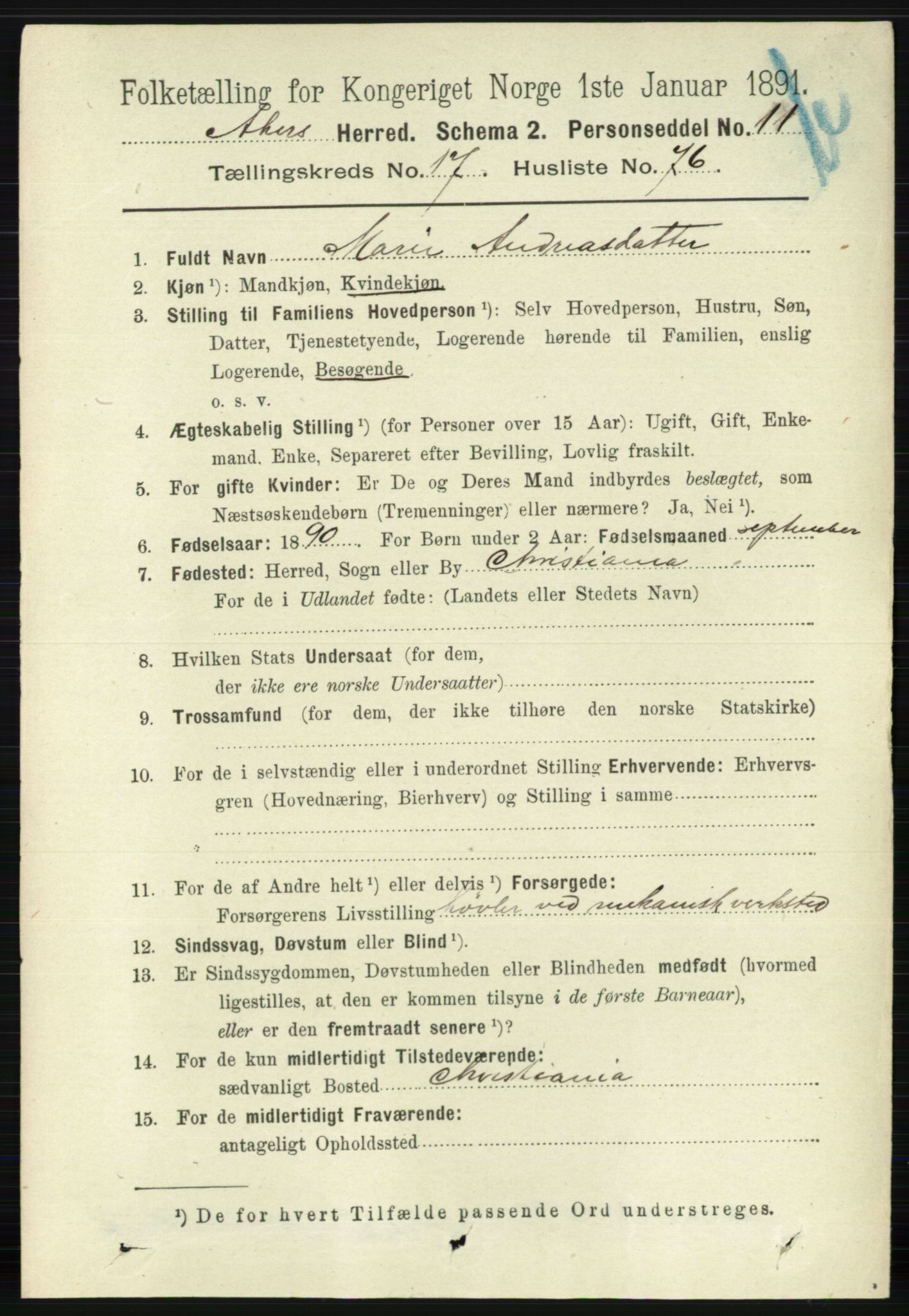 RA, 1891 census for 0218 Aker, 1891, p. 16304