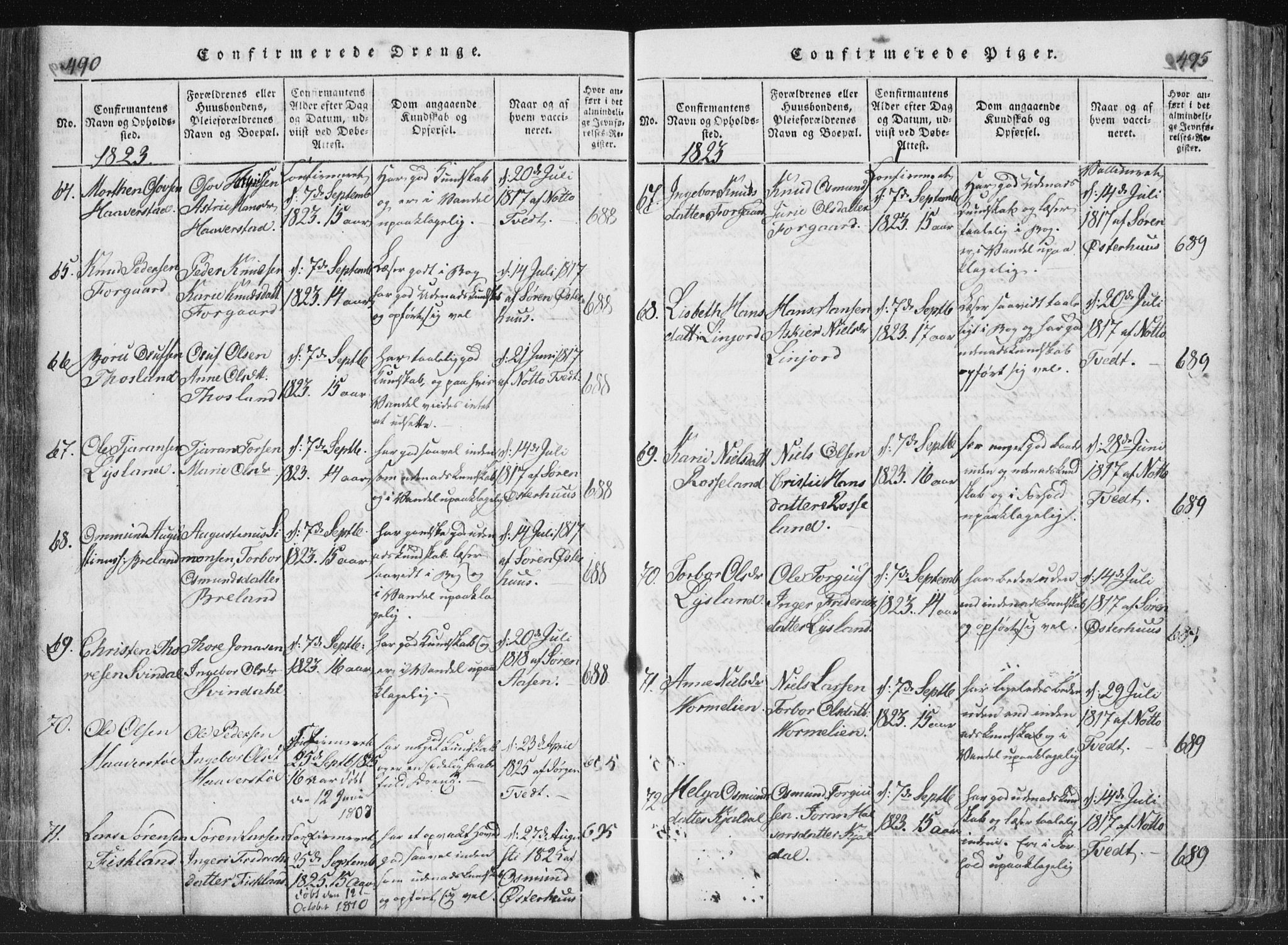 Åseral sokneprestkontor, SAK/1111-0051/F/Fa/L0001: Parish register (official) no. A 1, 1815-1853, p. 490-491