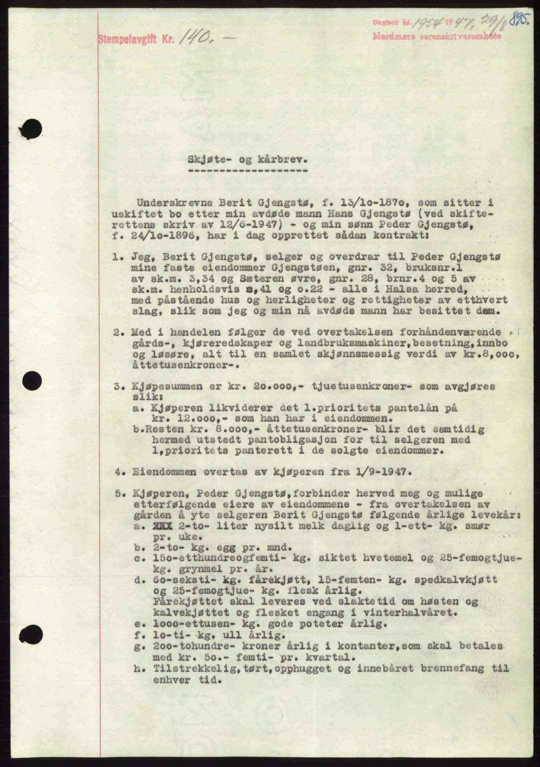 Nordmøre sorenskriveri, AV/SAT-A-4132/1/2/2Ca: Mortgage book no. A105, 1947-1947, Diary no: : 1954/1947