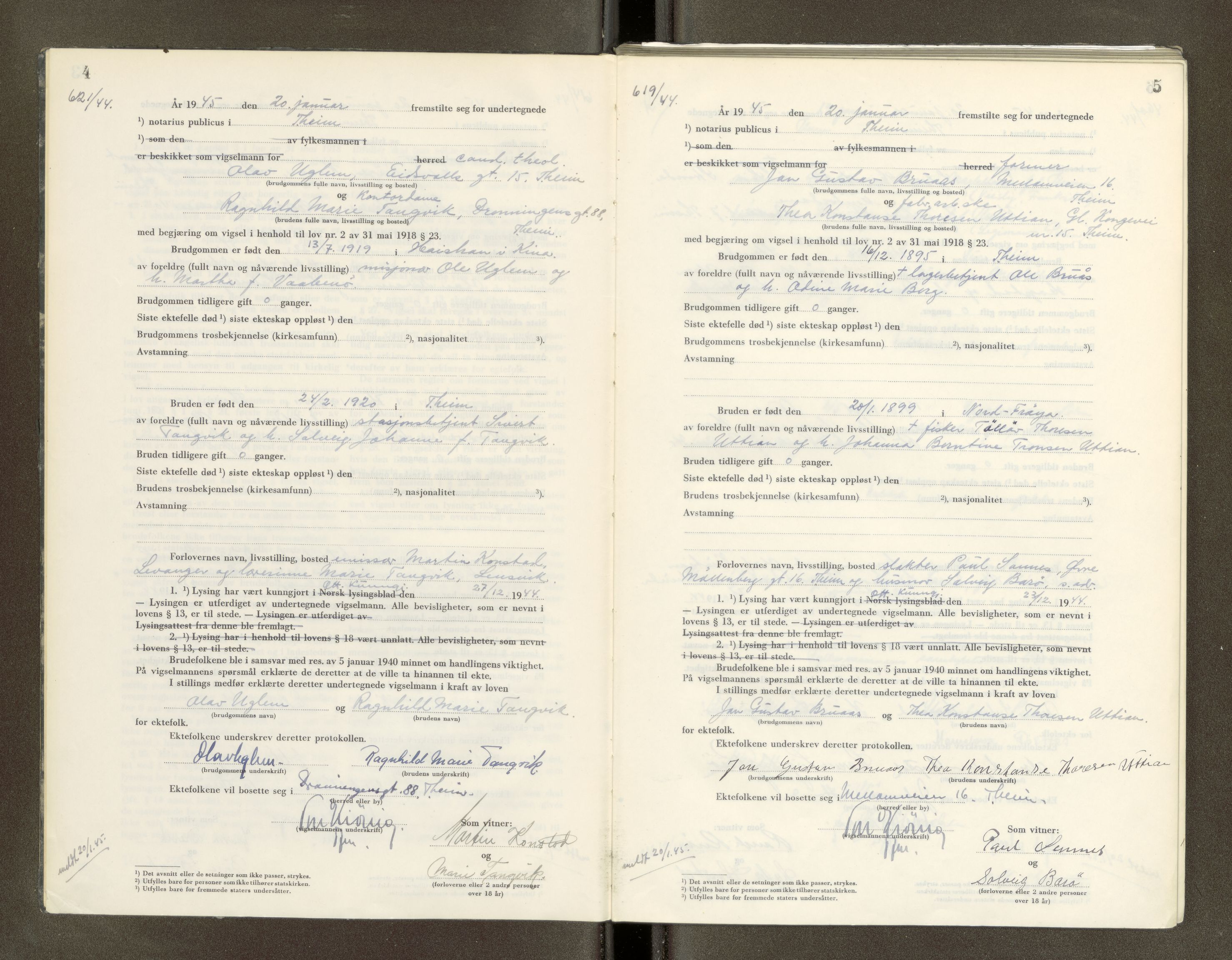 Trondheim byfogd, AV/SAT-A-0003/1/6/6D/L0005: Vigselbøker, 1944-1948, p. 4-5