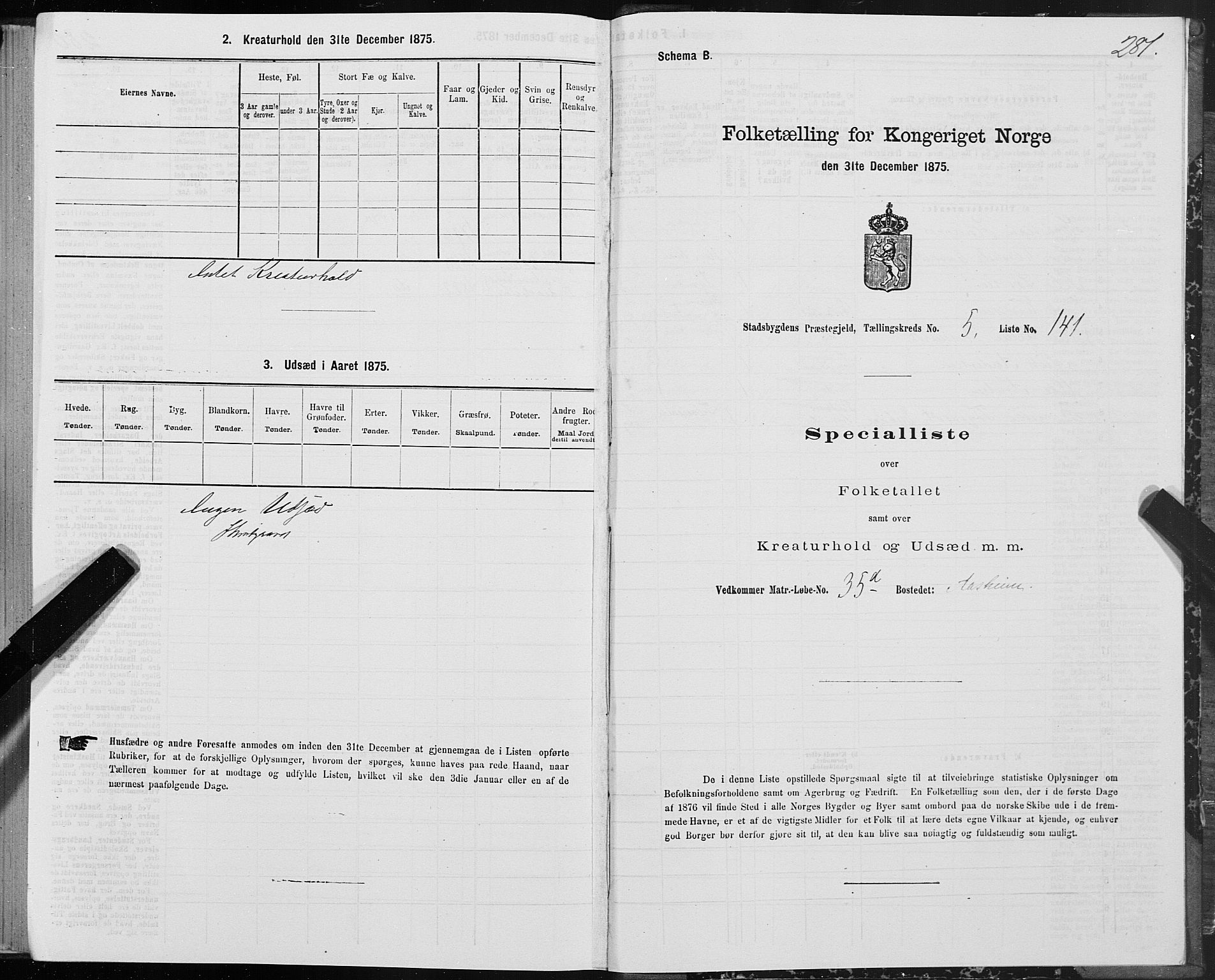 SAT, 1875 census for 1625P Stadsbygd, 1875, p. 3281