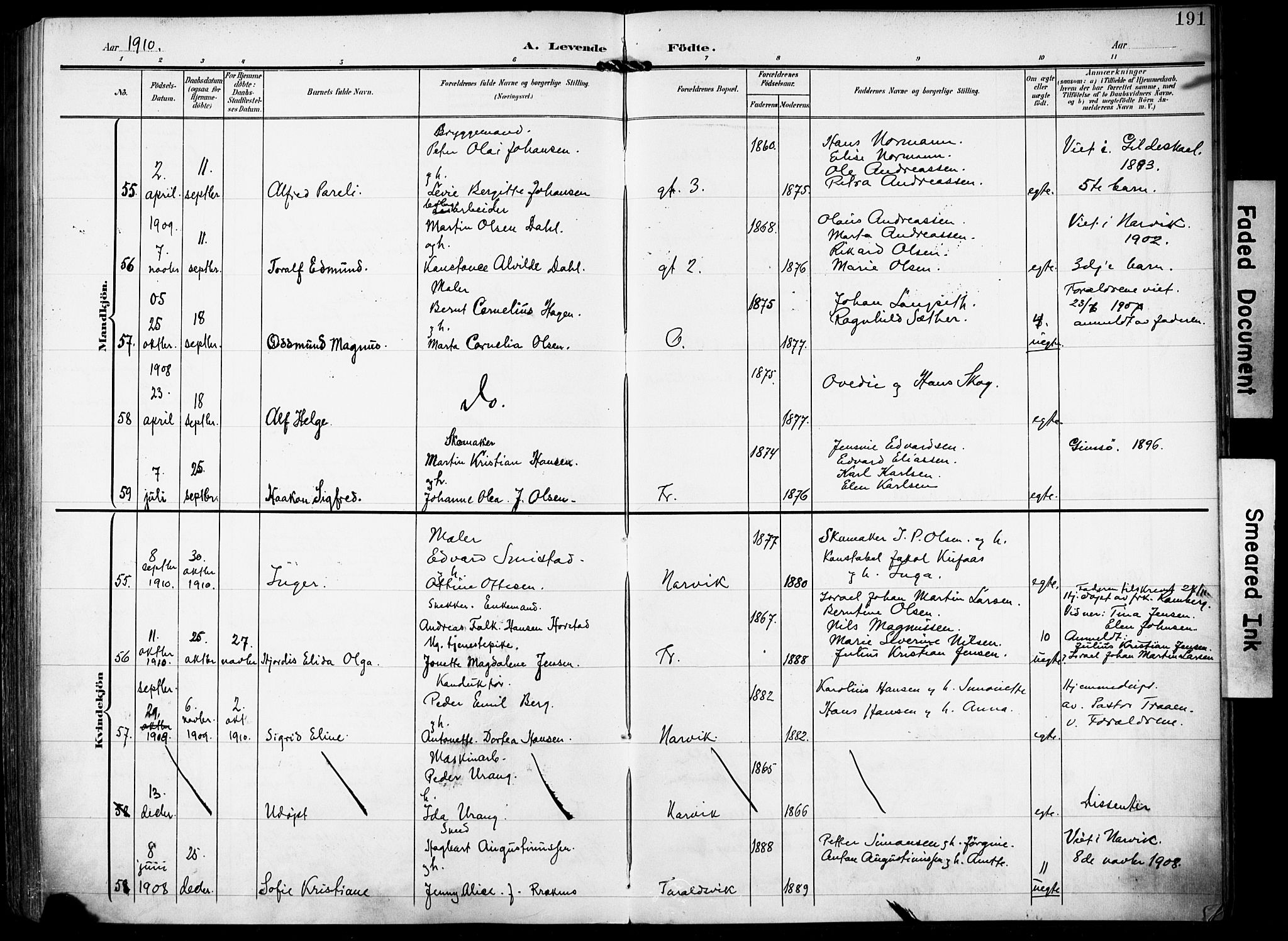 Ministerialprotokoller, klokkerbøker og fødselsregistre - Nordland, AV/SAT-A-1459/871/L0994: Parish register (official) no. 871A10, 1902-1910, p. 191