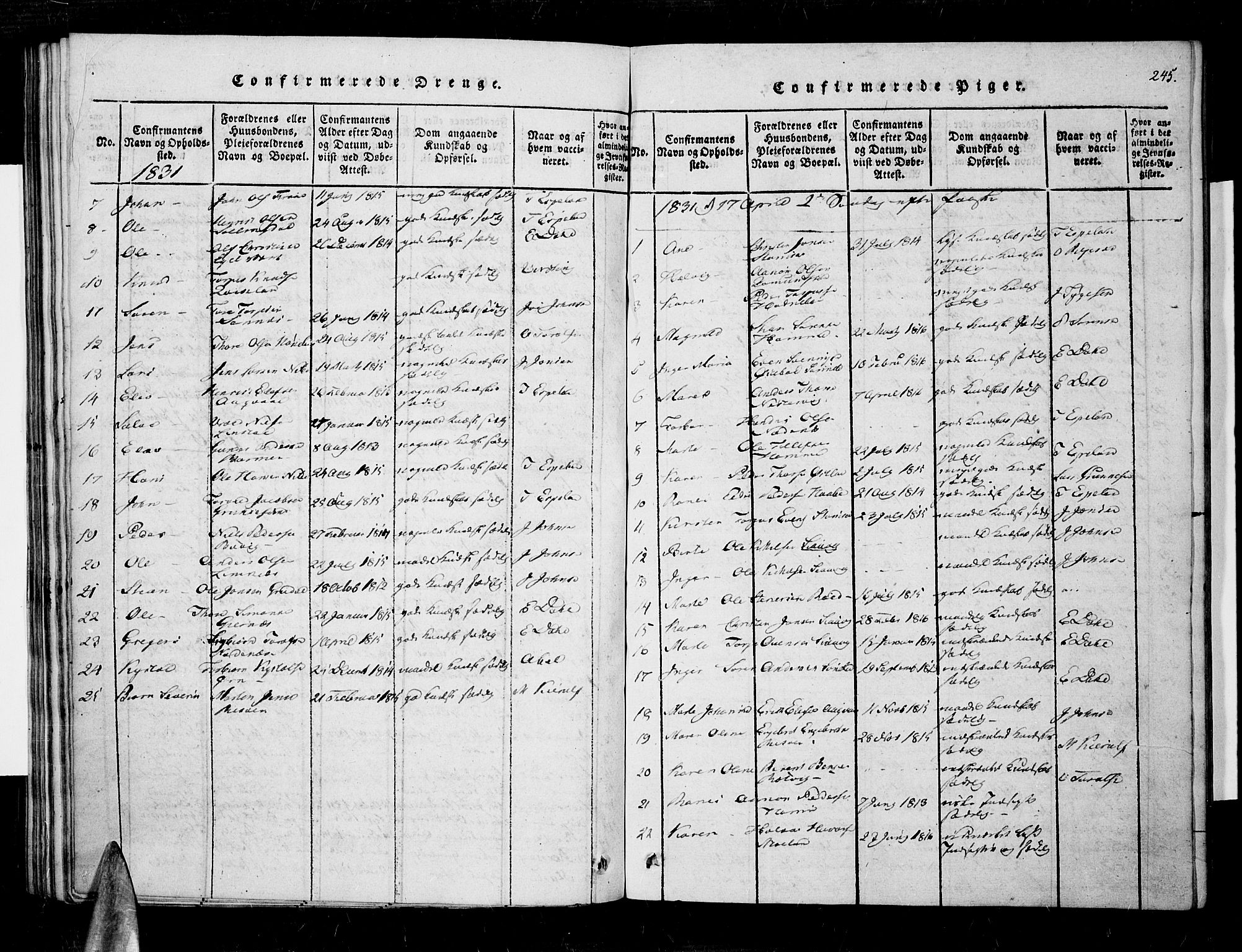 Søndeled sokneprestkontor, AV/SAK-1111-0038/F/Fa/L0001: Parish register (official) no. A 1, 1816-1838, p. 245