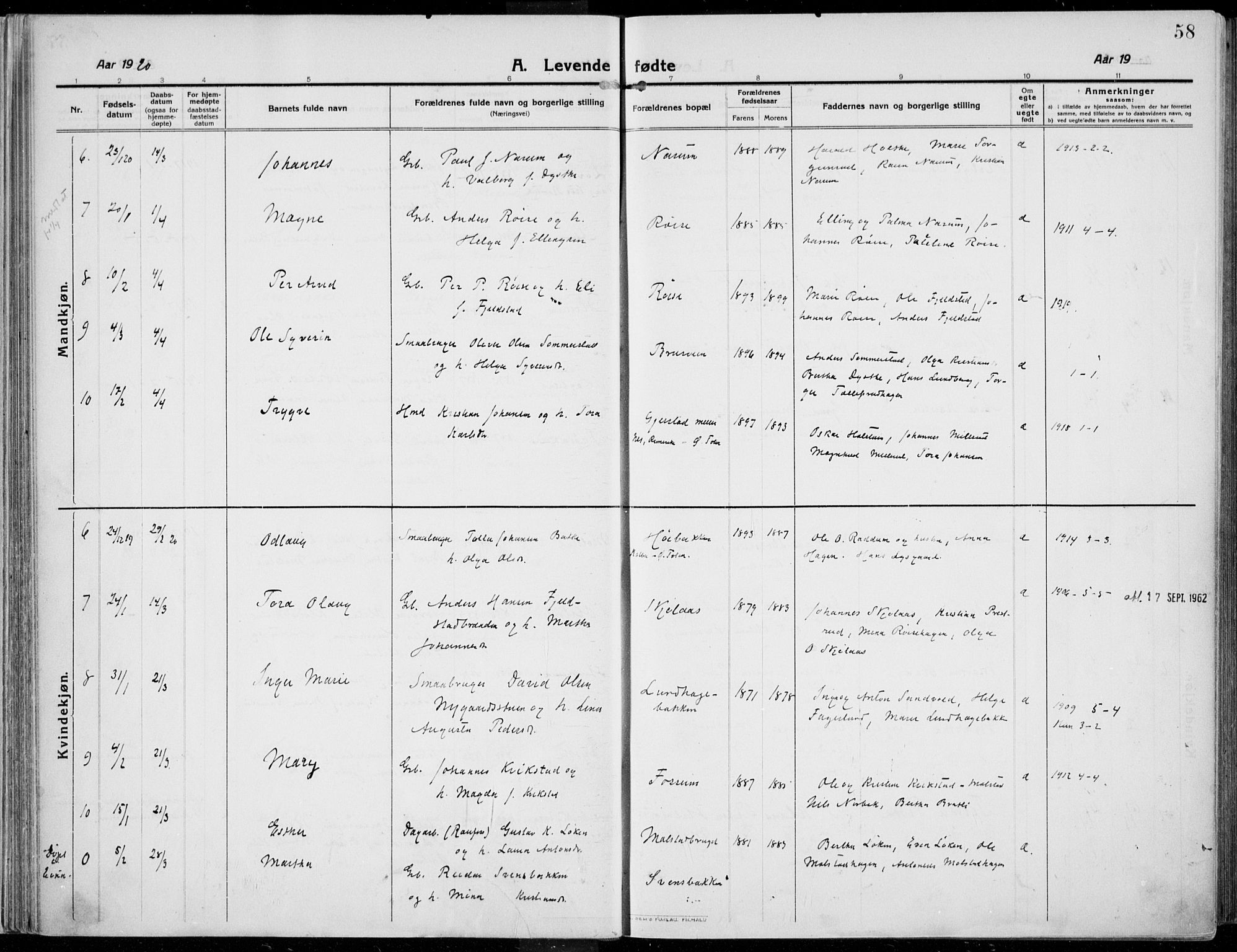 Kolbu prestekontor, SAH/PREST-110/H/Ha/Haa/L0002: Parish register (official) no. 2, 1912-1926, p. 58