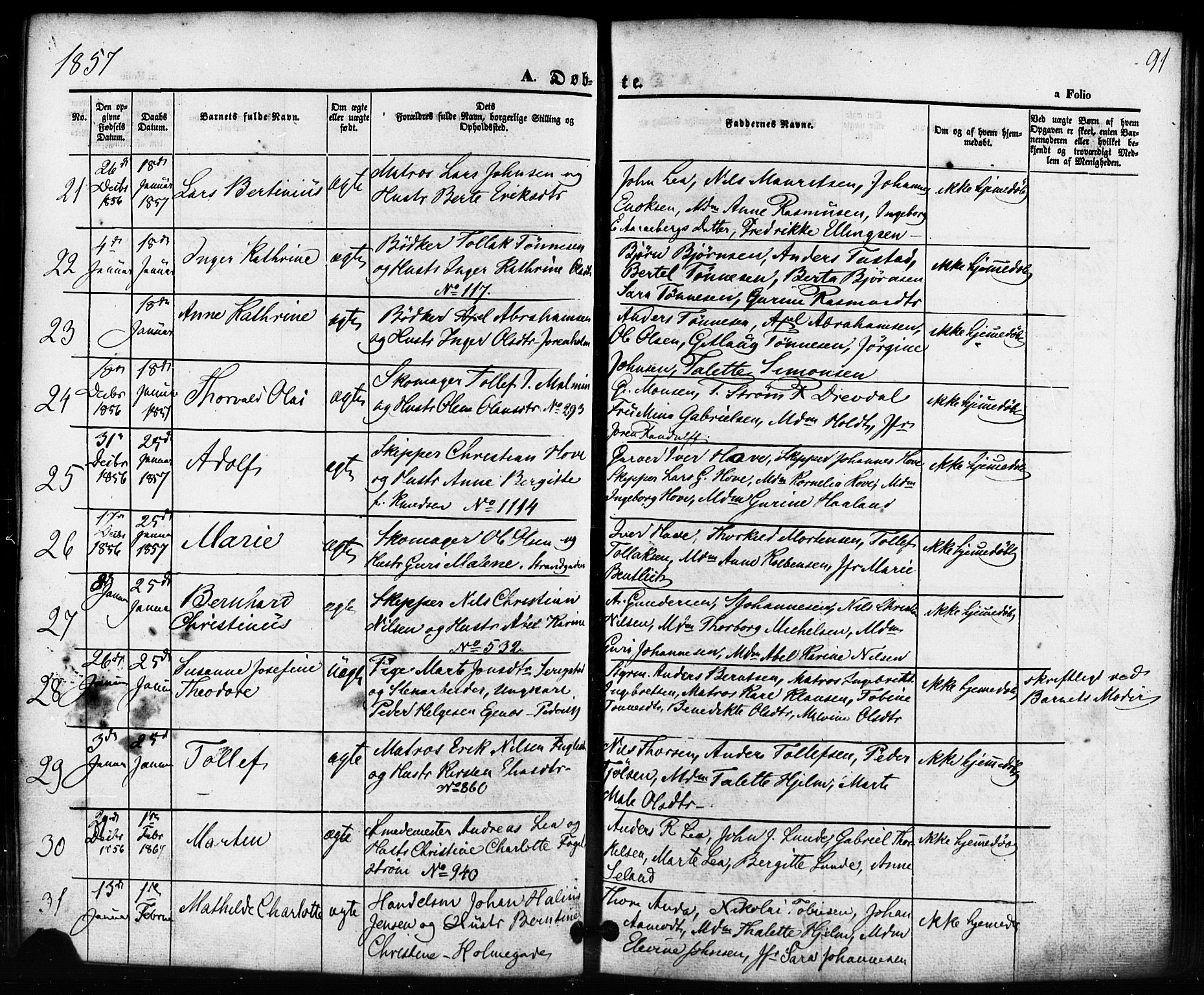 Domkirken sokneprestkontor, SAST/A-101812/001/30/30BB/L0010: Parish register (copy) no. B 10, 1855-1860, p. 91