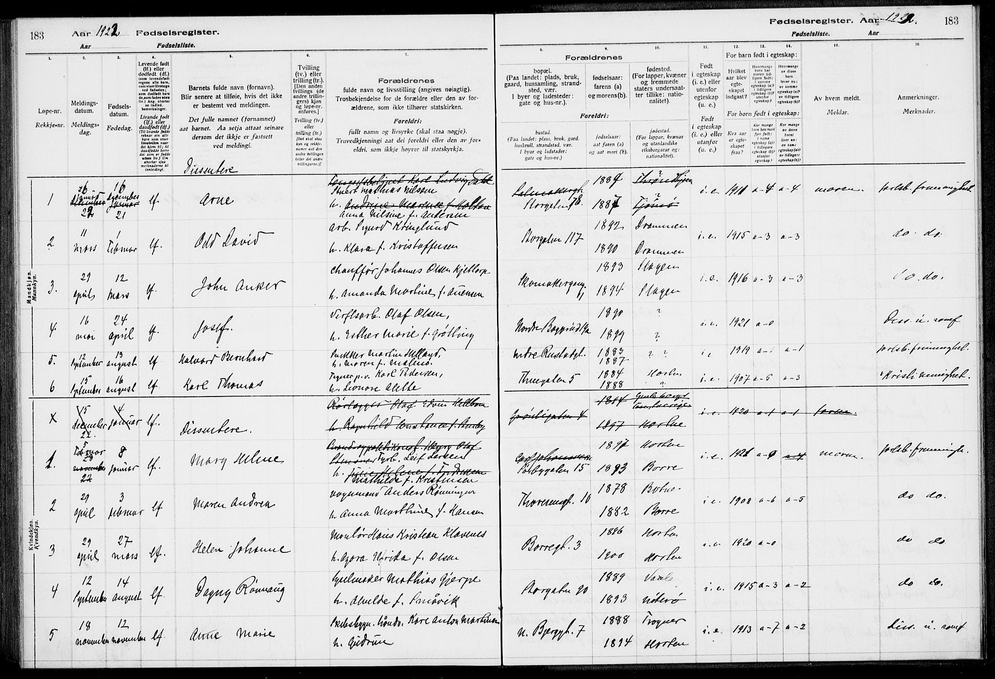 Horten kirkebøker, AV/SAKO-A-348/J/Ja/L0001: Birth register no. 1, 1916-1923, p. 183